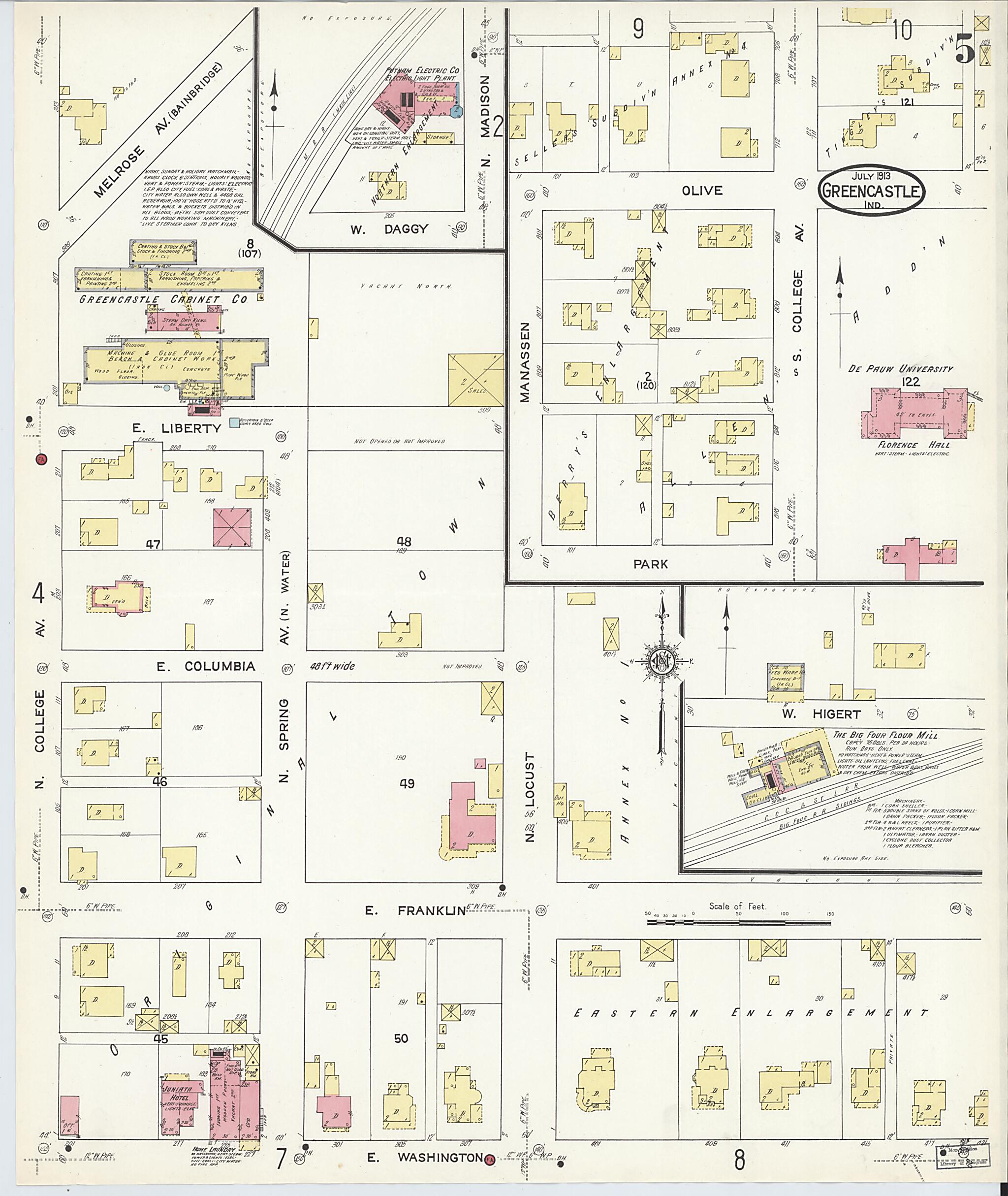 This old map of Greencastle, Putnam County, Indiana was created by Sanborn Map Company in 1913