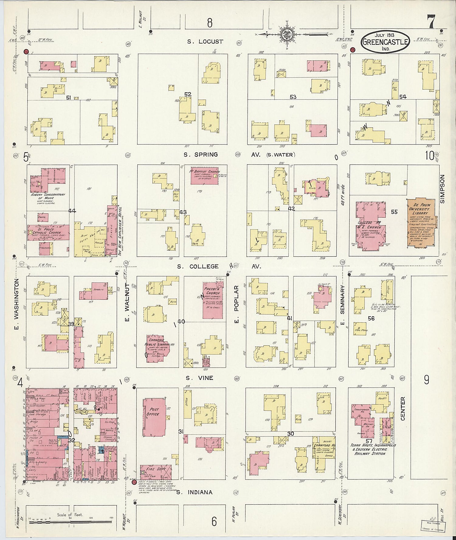 This old map of Greencastle, Putnam County, Indiana was created by Sanborn Map Company in 1913