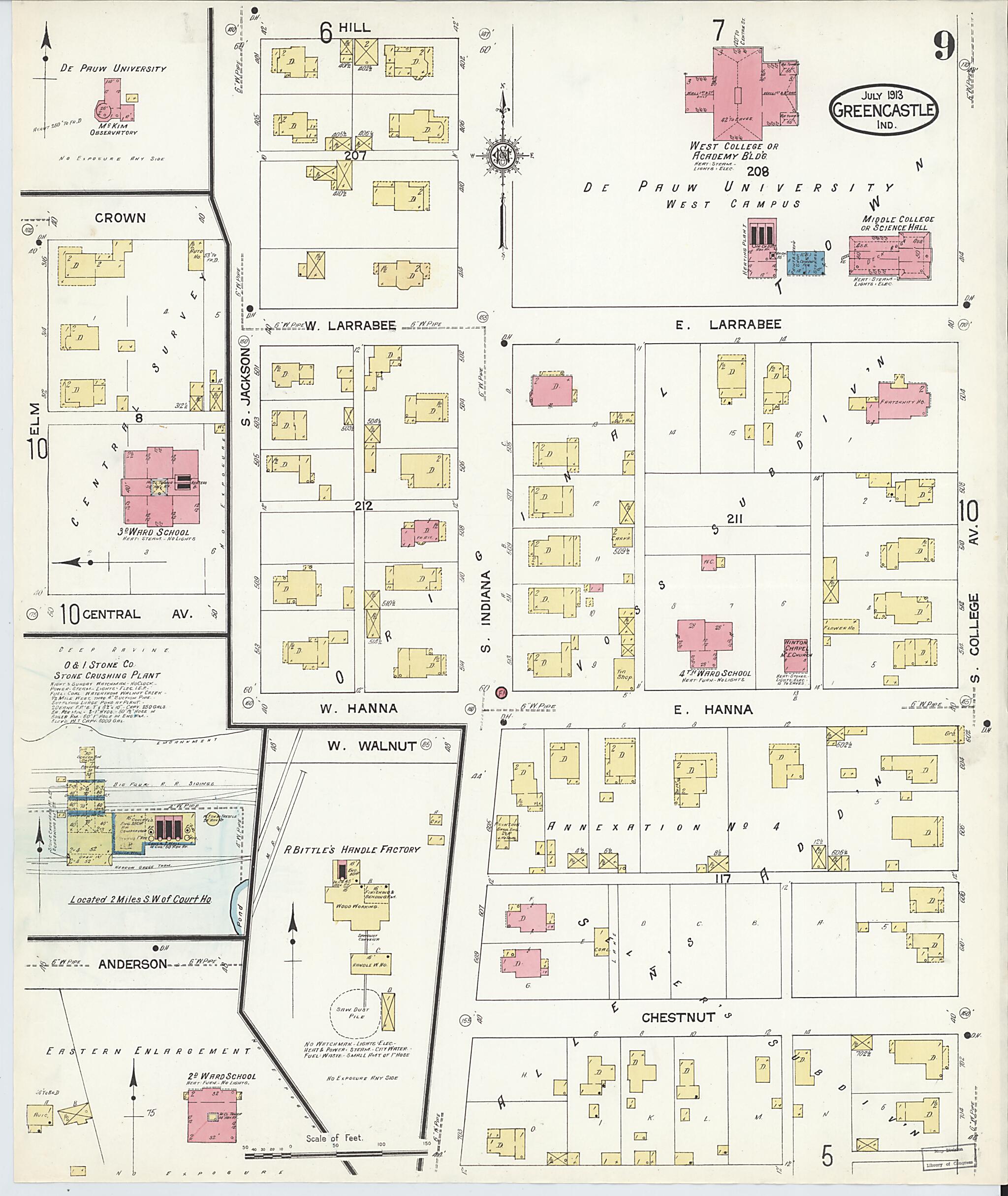 This old map of Greencastle, Putnam County, Indiana was created by Sanborn Map Company in 1913