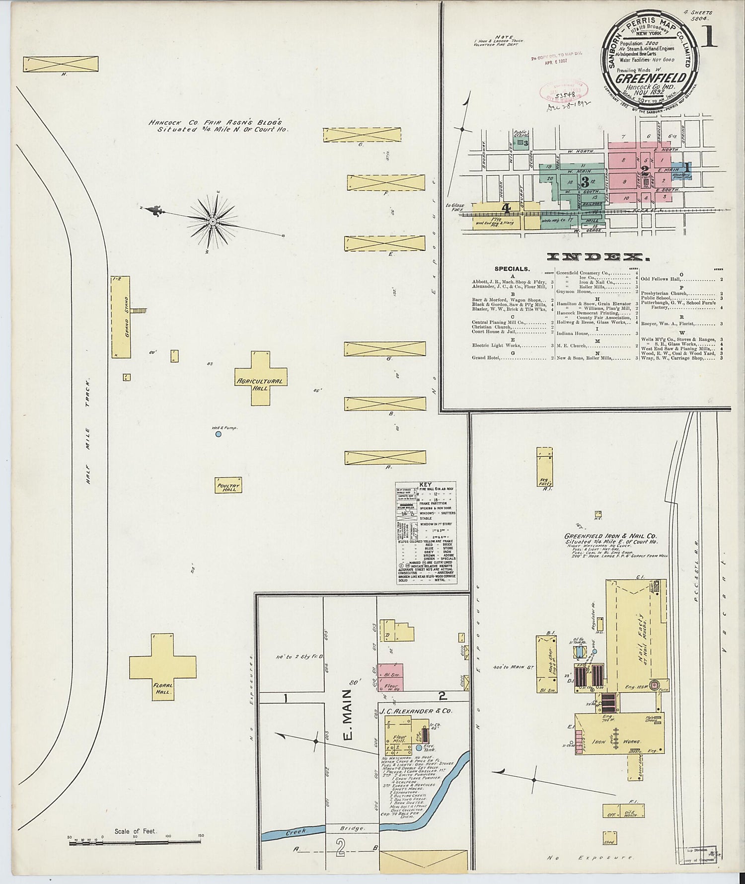 This old map of Greenfield, Hancock County, Indiana was created by Sanborn Map Company in 1892