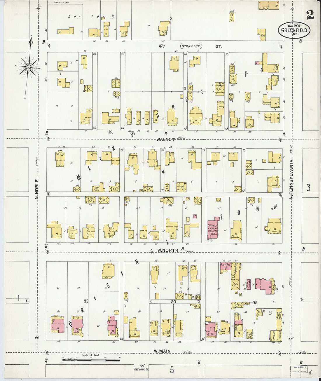 This old map of Greenfield, Hancock County, Indiana was created by Sanborn Map Company in 1900