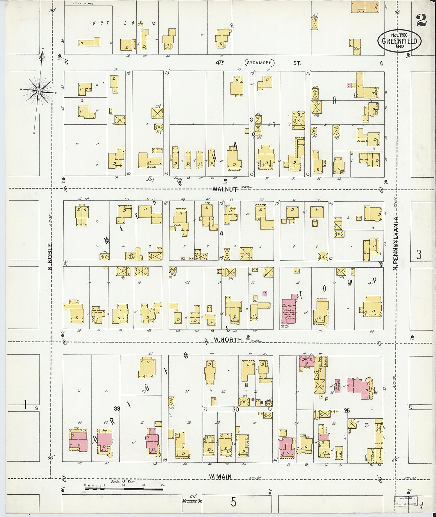 This old map of Greenfield, Hancock County, Indiana was created by Sanborn Map Company in 1900