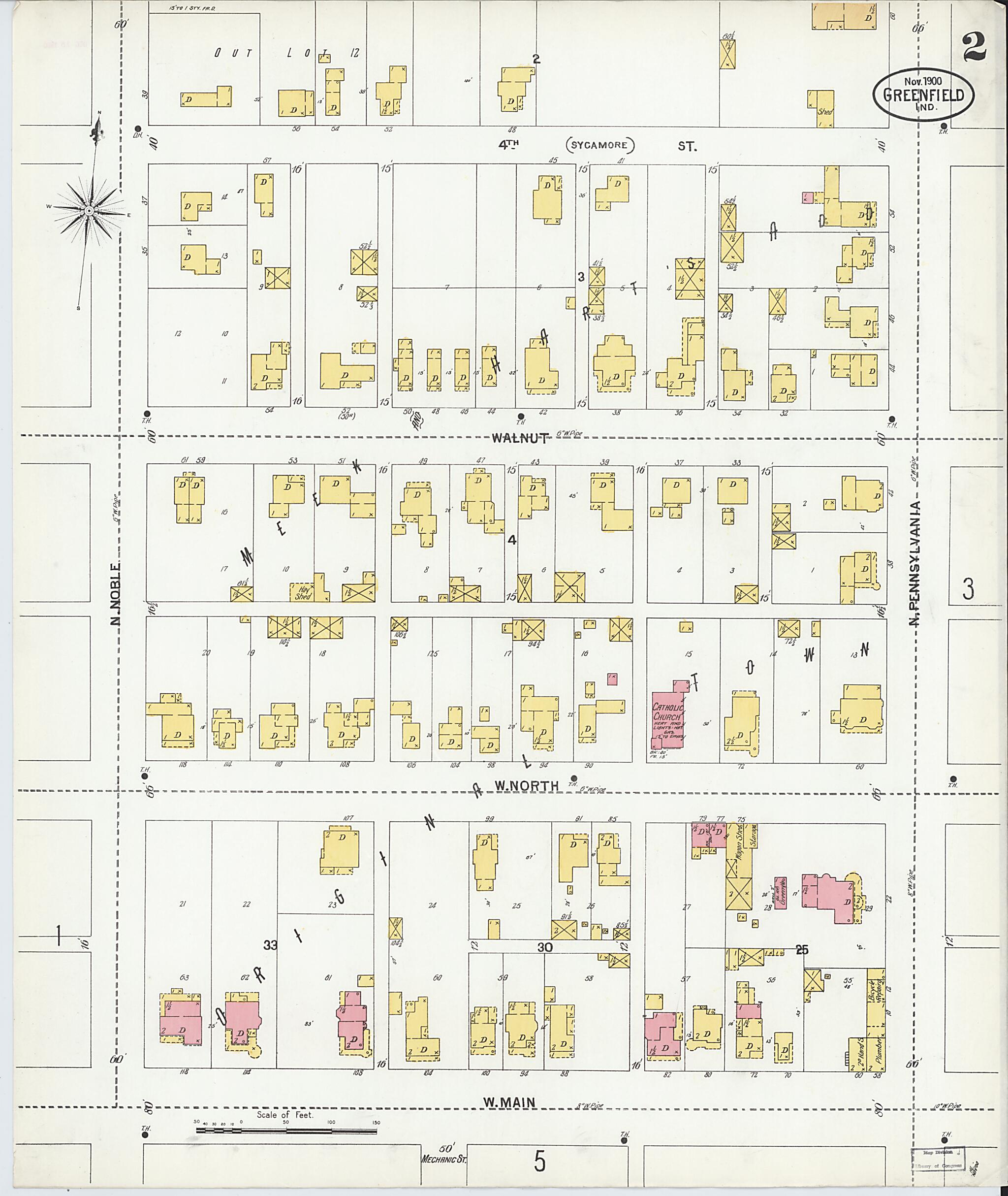 This old map of Greenfield, Hancock County, Indiana was created by Sanborn Map Company in 1900