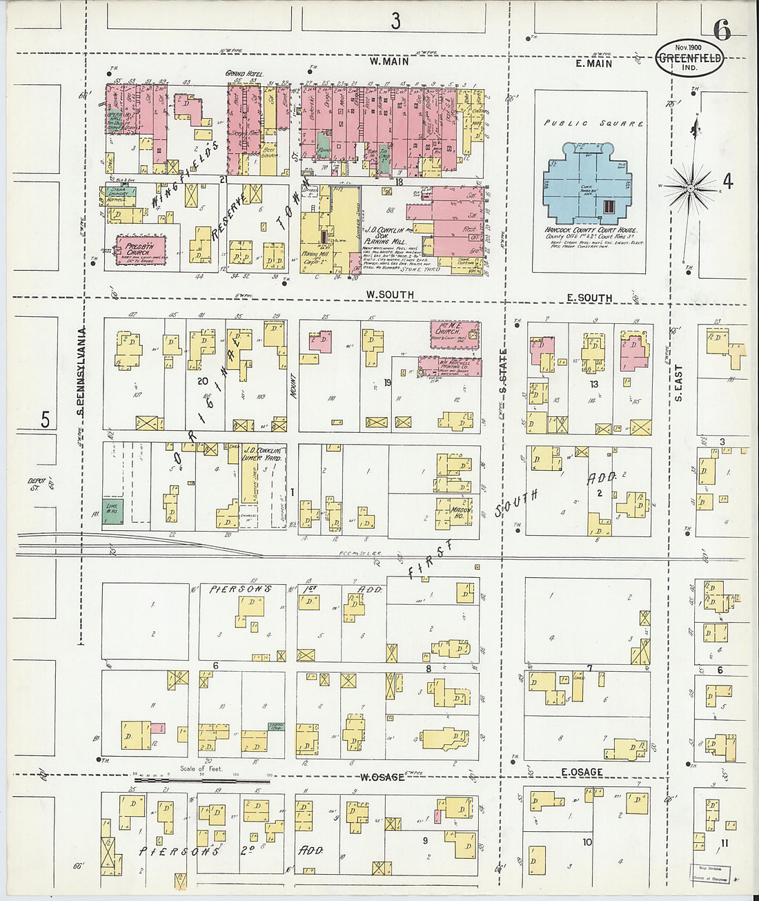 This old map of Greenfield, Hancock County, Indiana was created by Sanborn Map Company in 1900