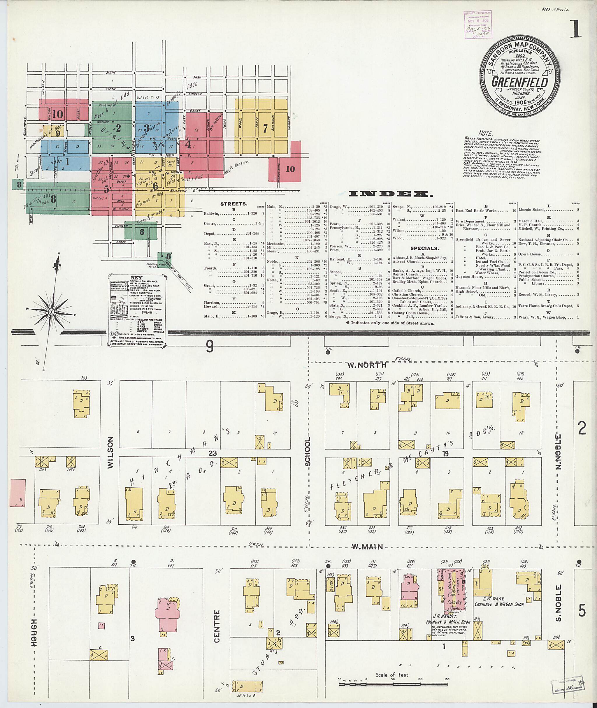 This old map of Greenfield, Hancock County, Indiana was created by Sanborn Map Company in 1906