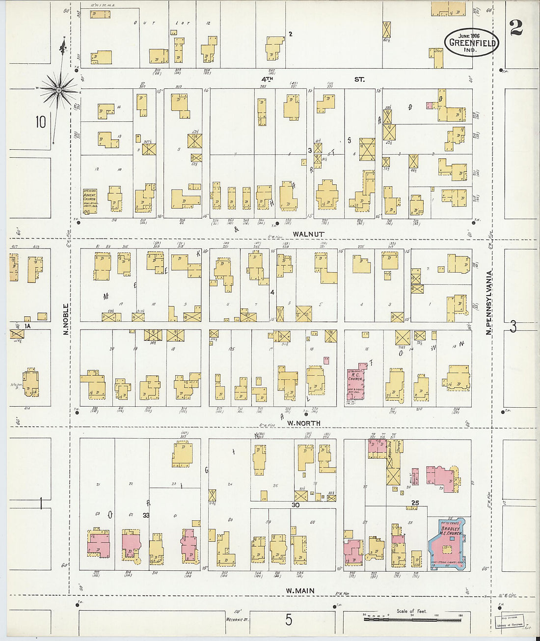 This old map of Greenfield, Hancock County, Indiana was created by Sanborn Map Company in 1906