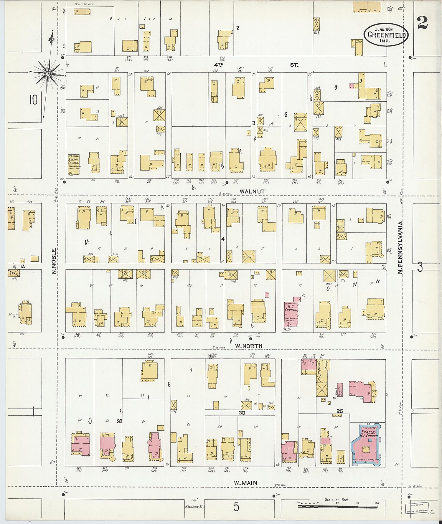 This old map of Greenfield, Hancock County, Indiana was created by Sanborn Map Company in 1906