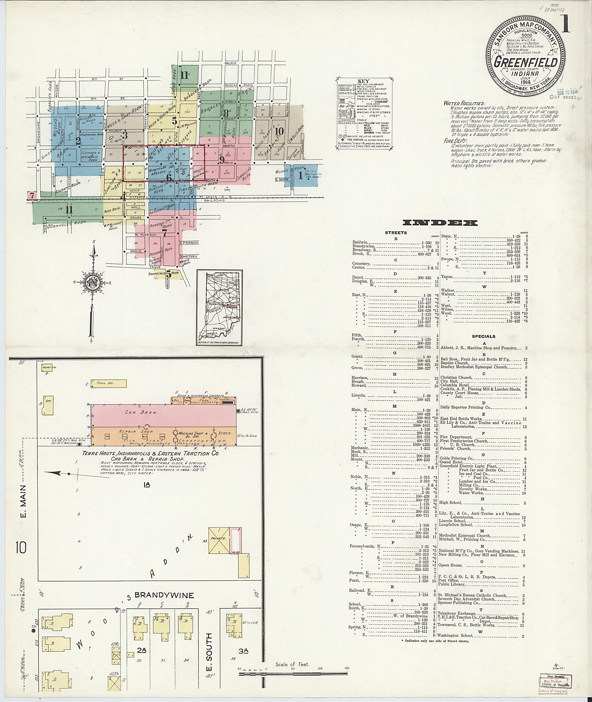 This old map of Greenfield, Hancock County, Indiana was created by Sanborn Map Company in 1914