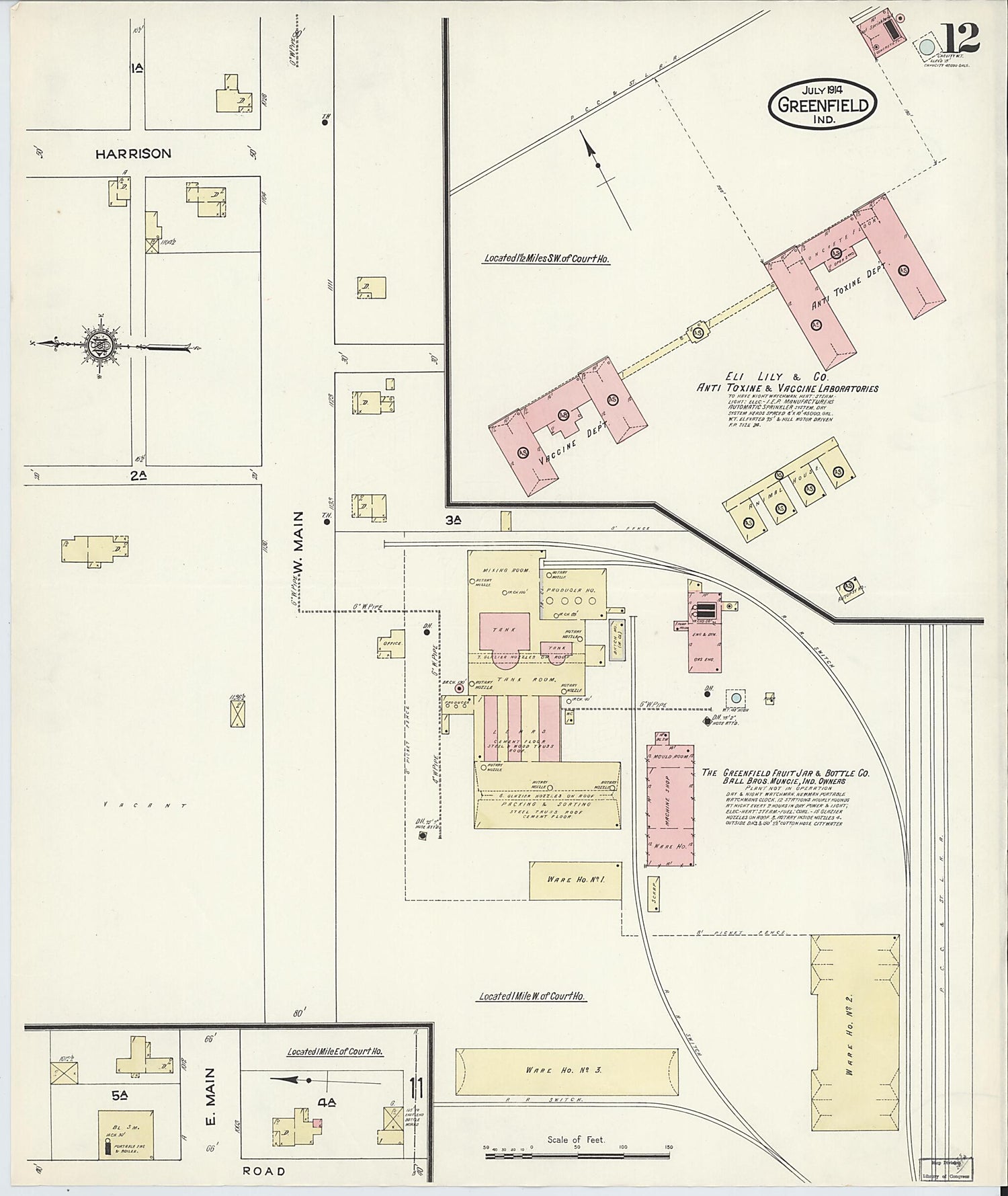 This old map of Greenfield, Hancock County, Indiana was created by Sanborn Map Company in 1914