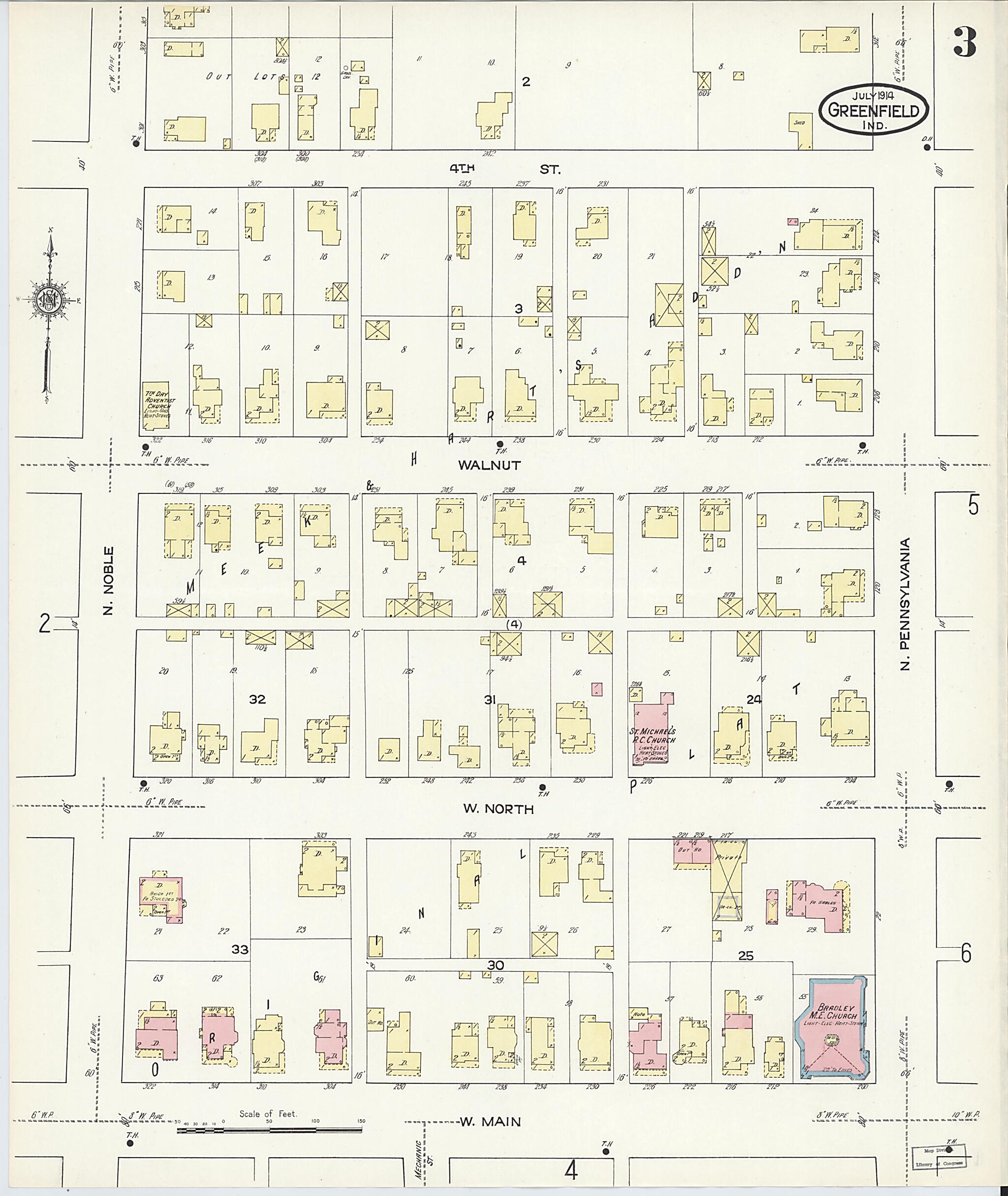 This old map of Greenfield, Hancock County, Indiana was created by Sanborn Map Company in 1914