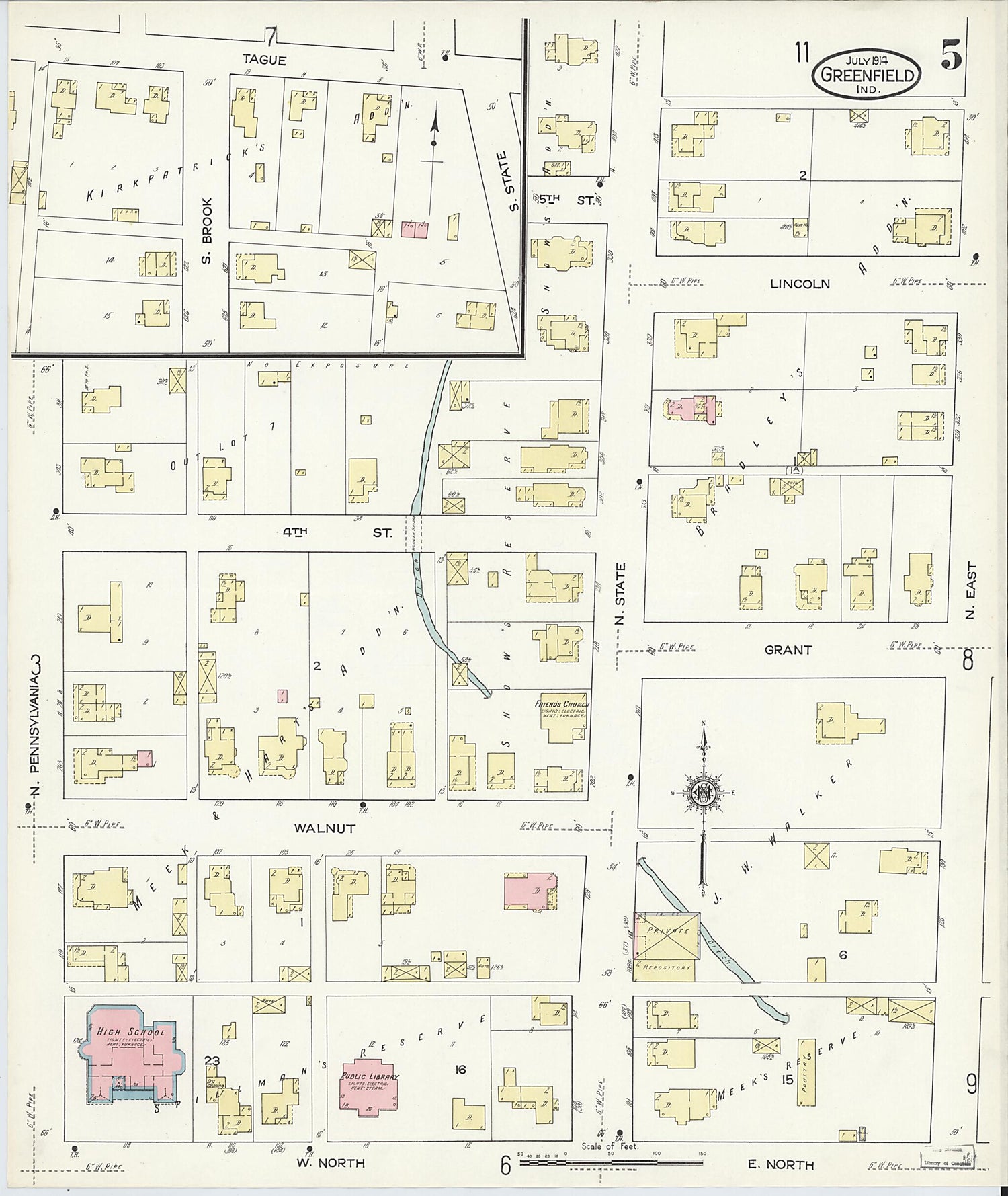 This old map of Greenfield, Hancock County, Indiana was created by Sanborn Map Company in 1914