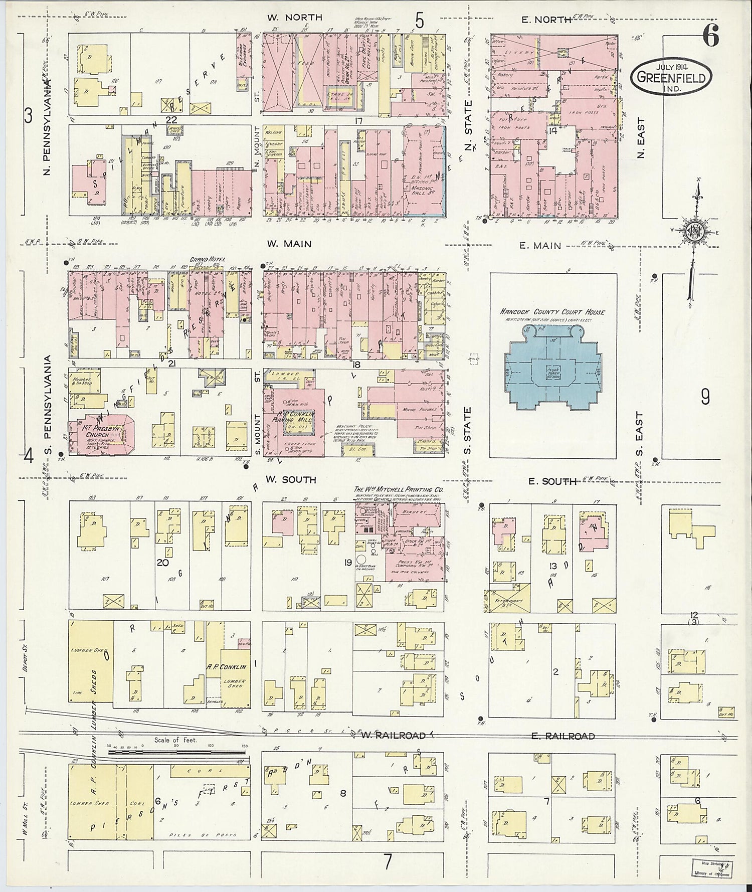 This old map of Greenfield, Hancock County, Indiana was created by Sanborn Map Company in 1914