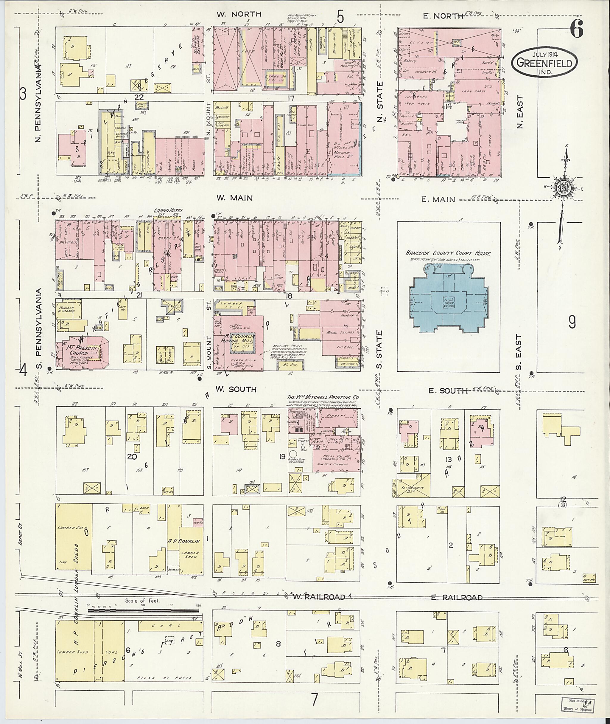 This old map of Greenfield, Hancock County, Indiana was created by Sanborn Map Company in 1914