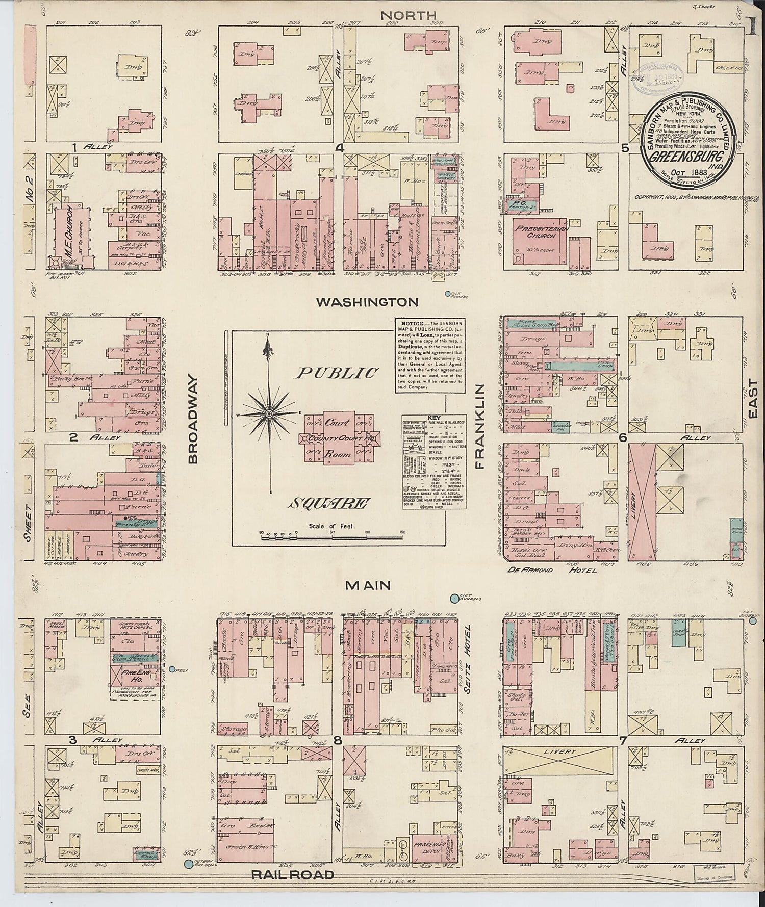 This old map of Greensburg, Decatur County, Indiana was created by Sanborn Map Company in 1883