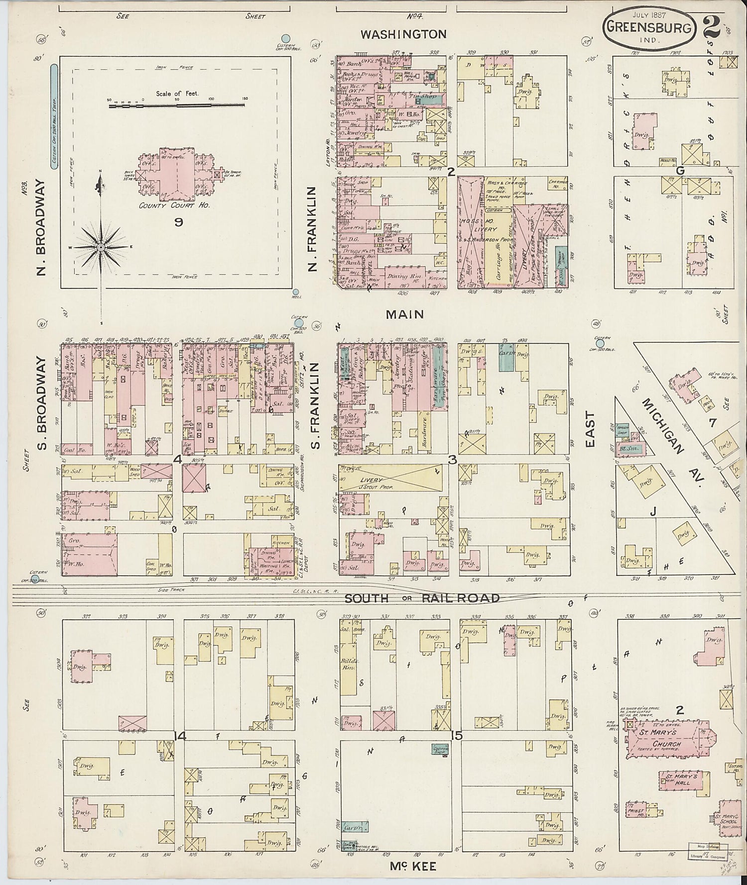 This old map of Greensburg, Decatur County, Indiana was created by Sanborn Map Company in 1887