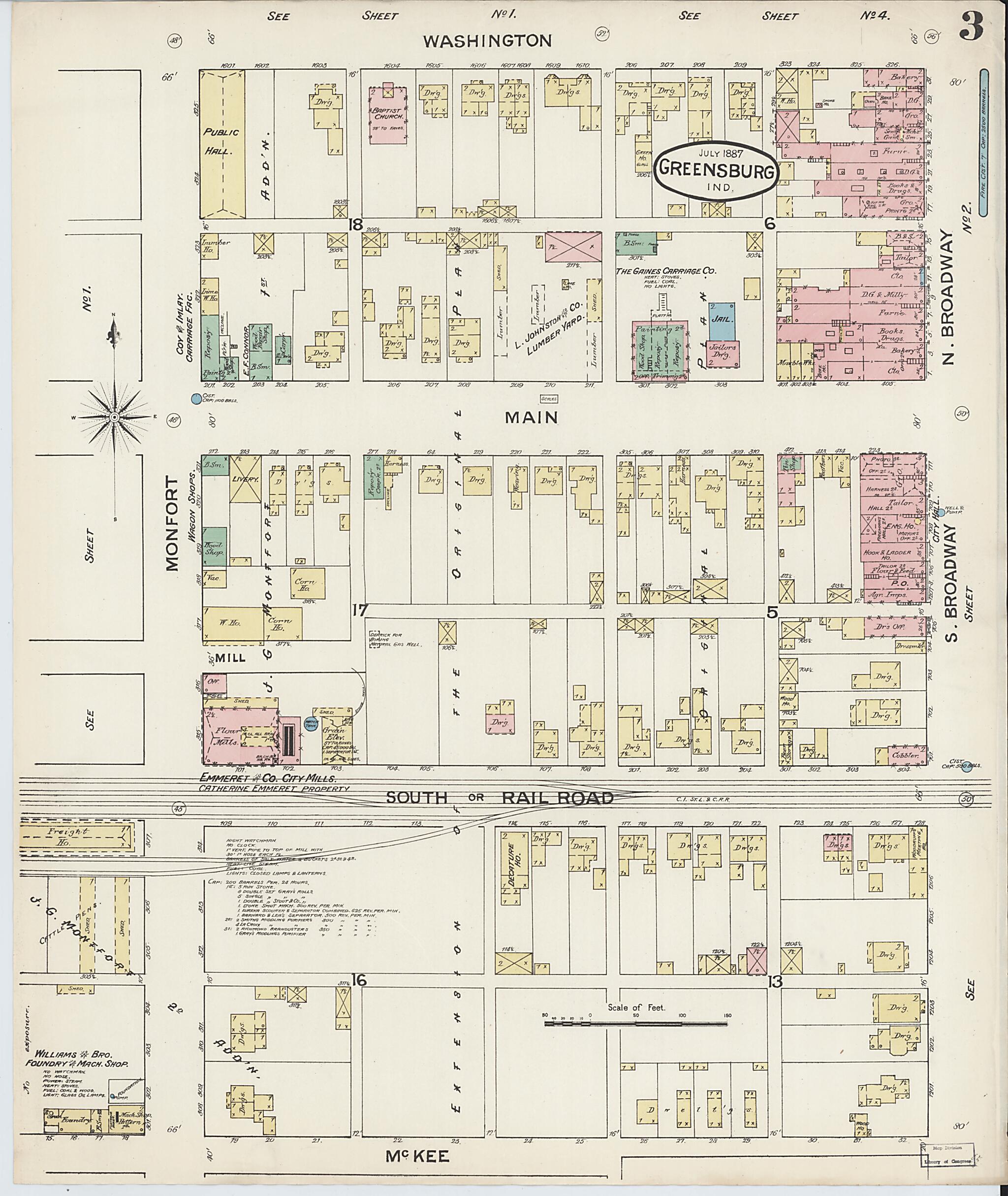 This old map of Greensburg, Decatur County, Indiana was created by Sanborn Map Company in 1887