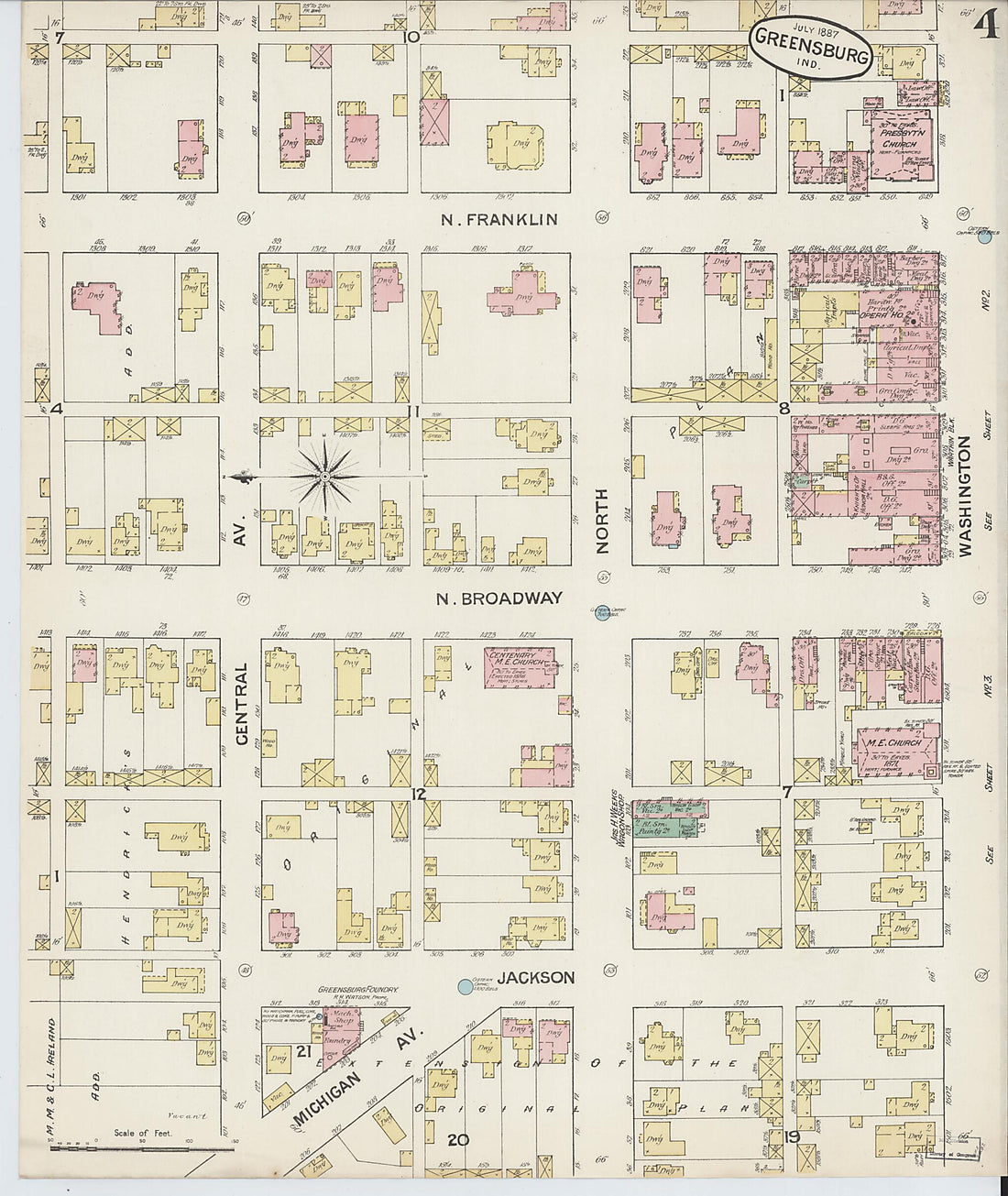 This old map of Greensburg, Decatur County, Indiana was created by Sanborn Map Company in 1887