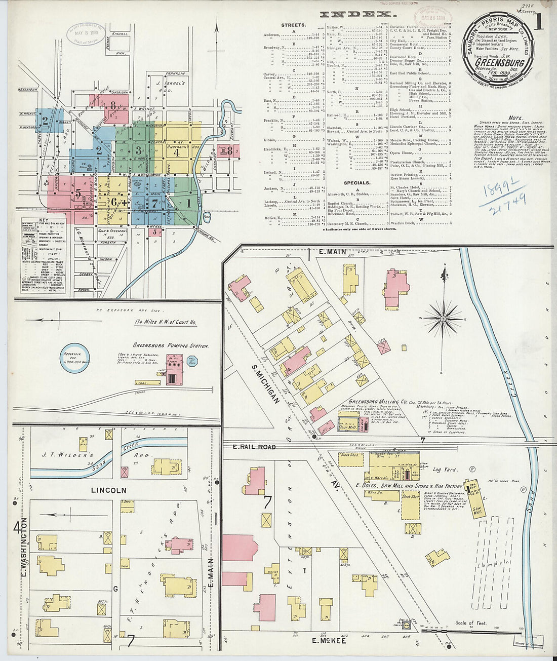 This old map of Greensburg, Decatur County, Indiana was created by Sanborn Map Company in 1899