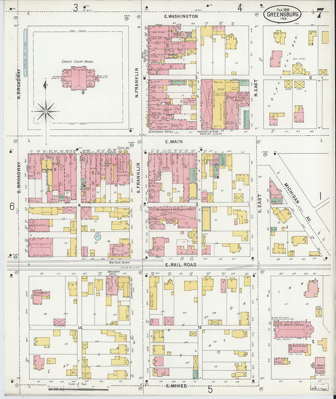 This old map of Greensburg, Decatur County, Indiana was created by Sanborn Map Company in 1899