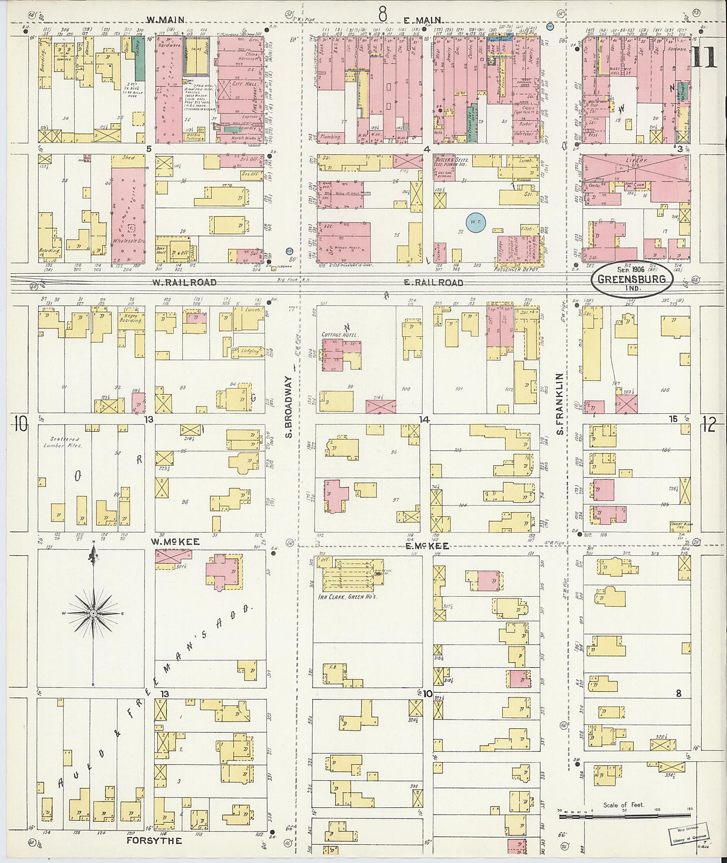 This old map of Greensburg, Decatur County, Indiana was created by Sanborn Map Company in 1906