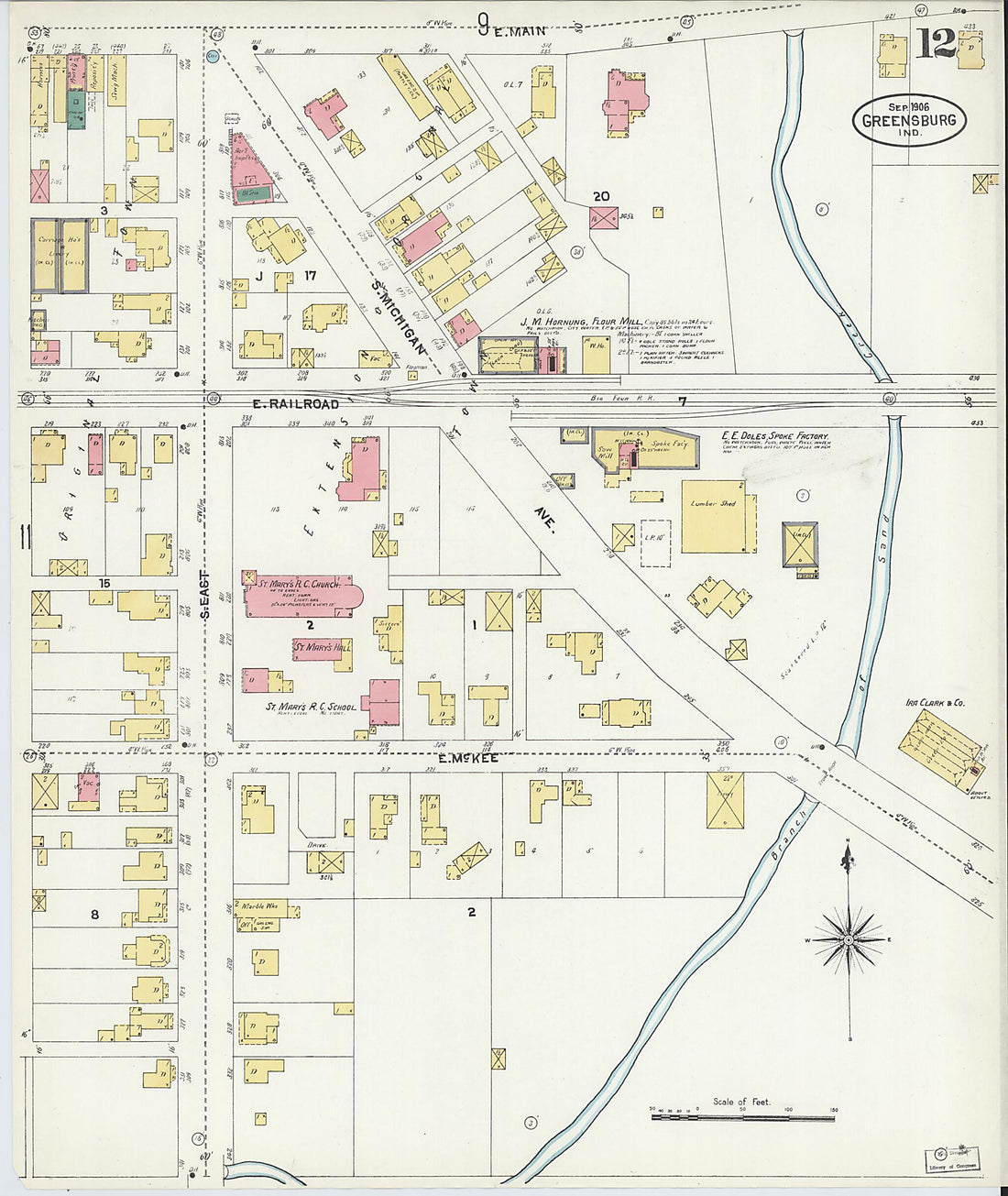 This old map of Greensburg, Decatur County, Indiana was created by Sanborn Map Company in 1906