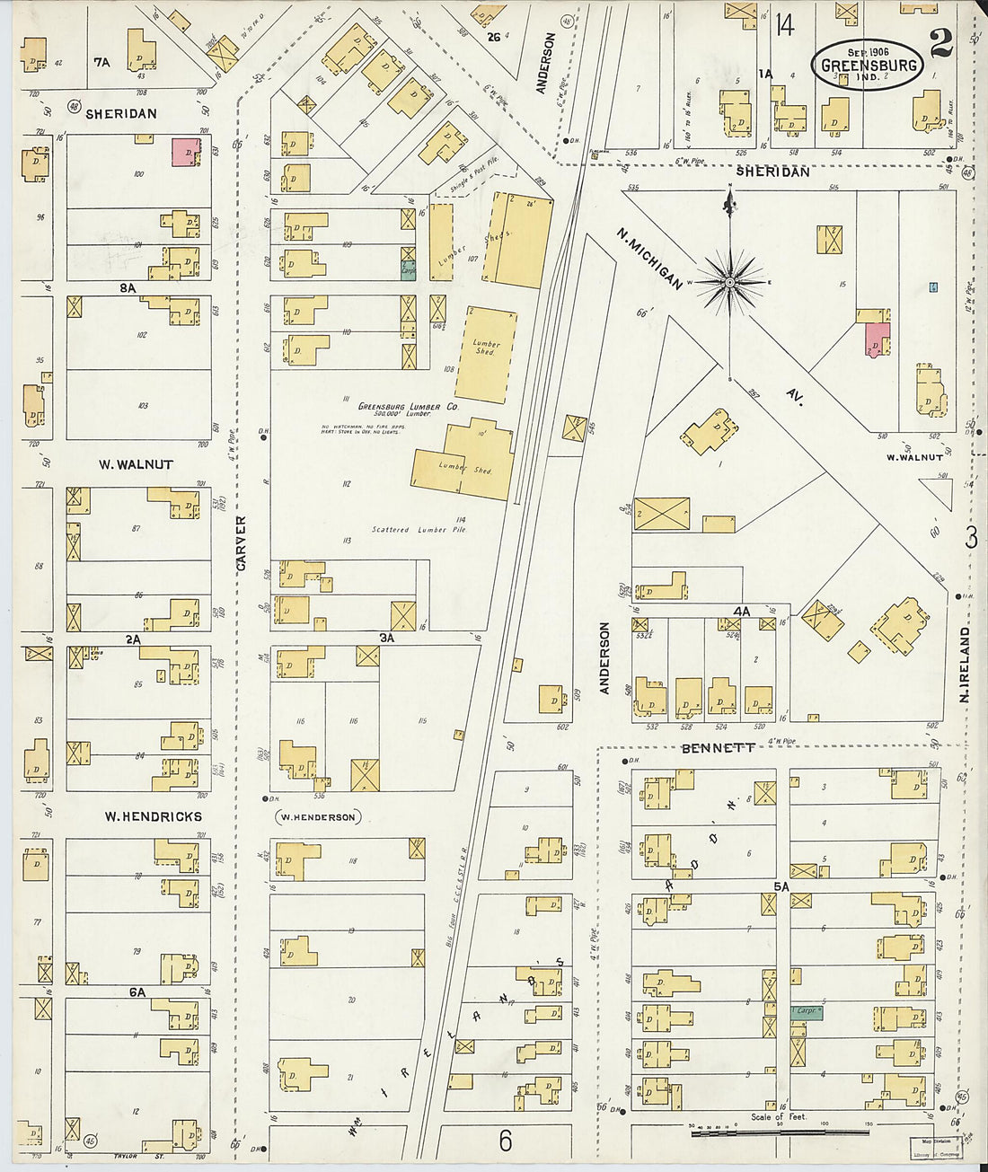 This old map of Greensburg, Decatur County, Indiana was created by Sanborn Map Company in 1906