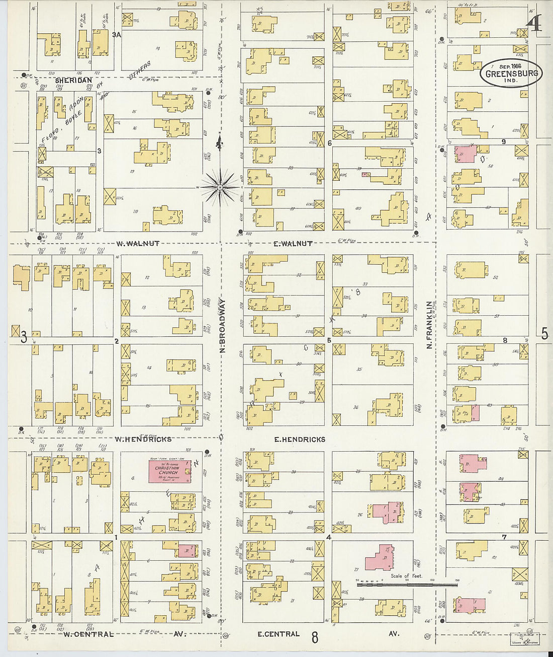 This old map of Greensburg, Decatur County, Indiana was created by Sanborn Map Company in 1906