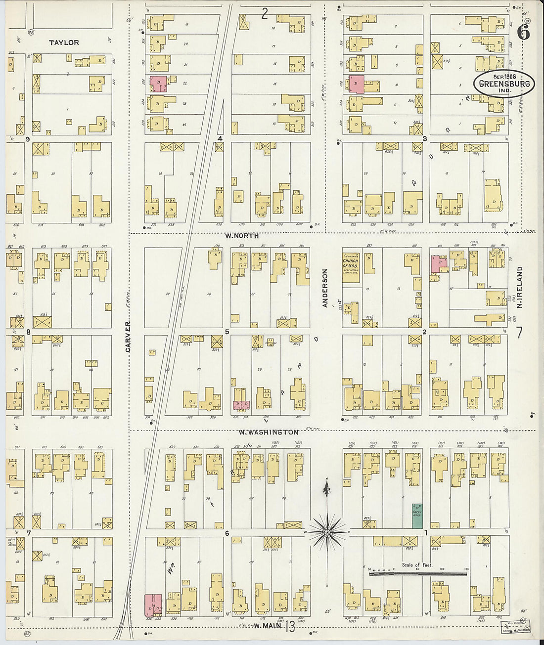 This old map of Greensburg, Decatur County, Indiana was created by Sanborn Map Company in 1906