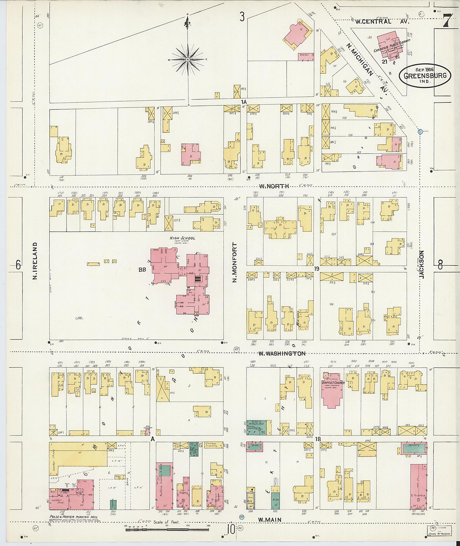 This old map of Greensburg, Decatur County, Indiana was created by Sanborn Map Company in 1906