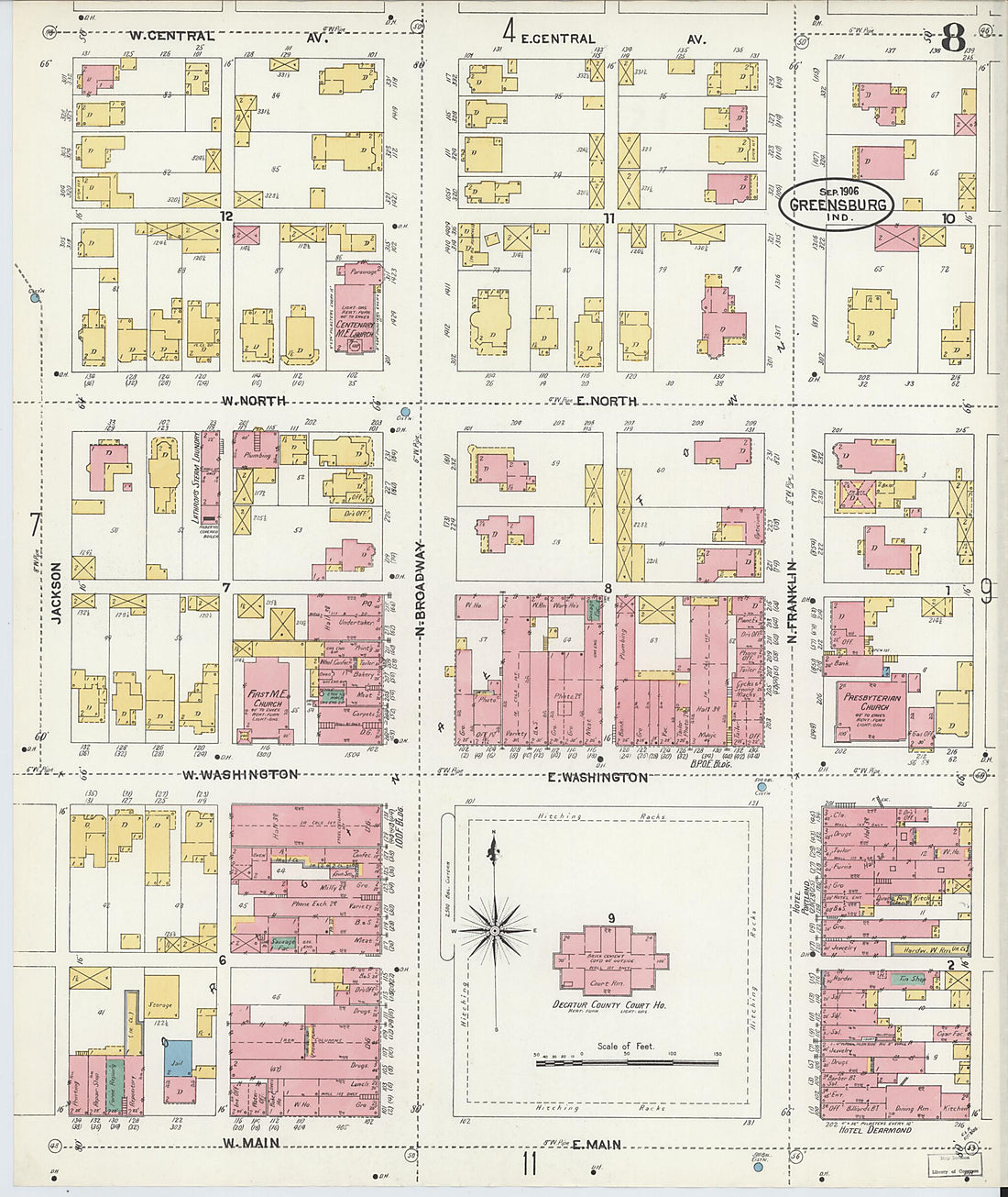 This old map of Greensburg, Decatur County, Indiana was created by Sanborn Map Company in 1906