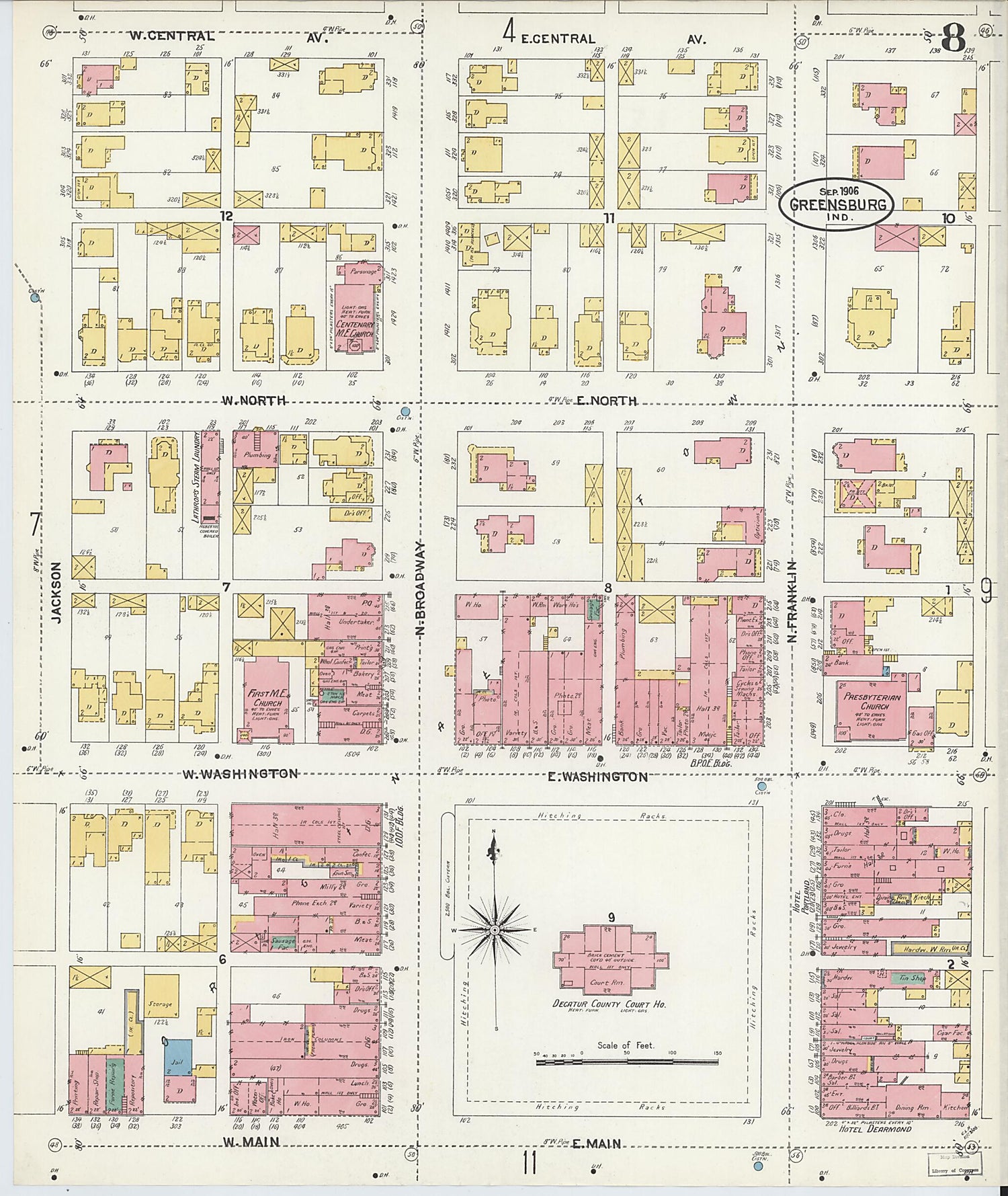 This old map of Greensburg, Decatur County, Indiana was created by Sanborn Map Company in 1906