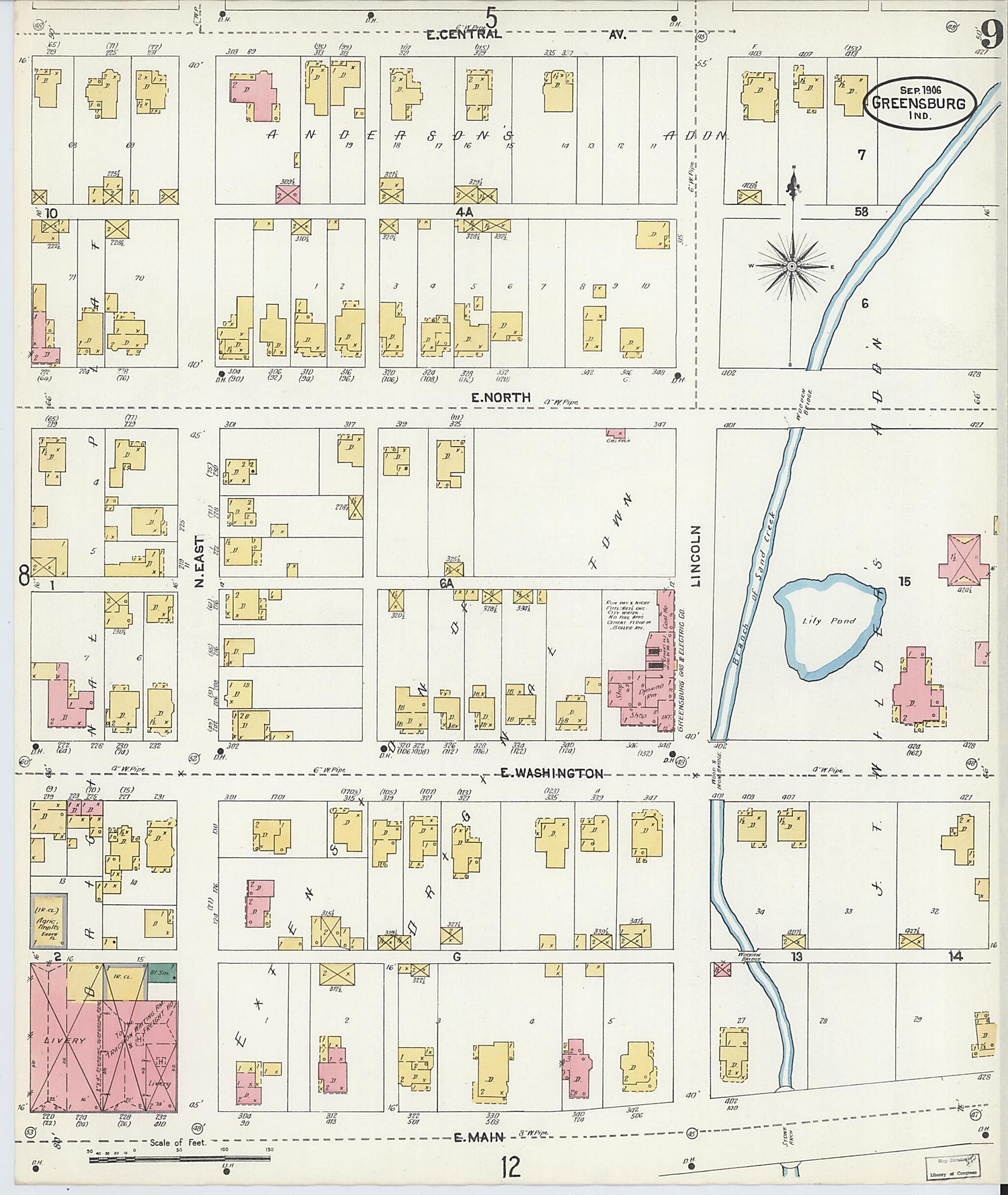 This old map of Greensburg, Decatur County, Indiana was created by Sanborn Map Company in 1906