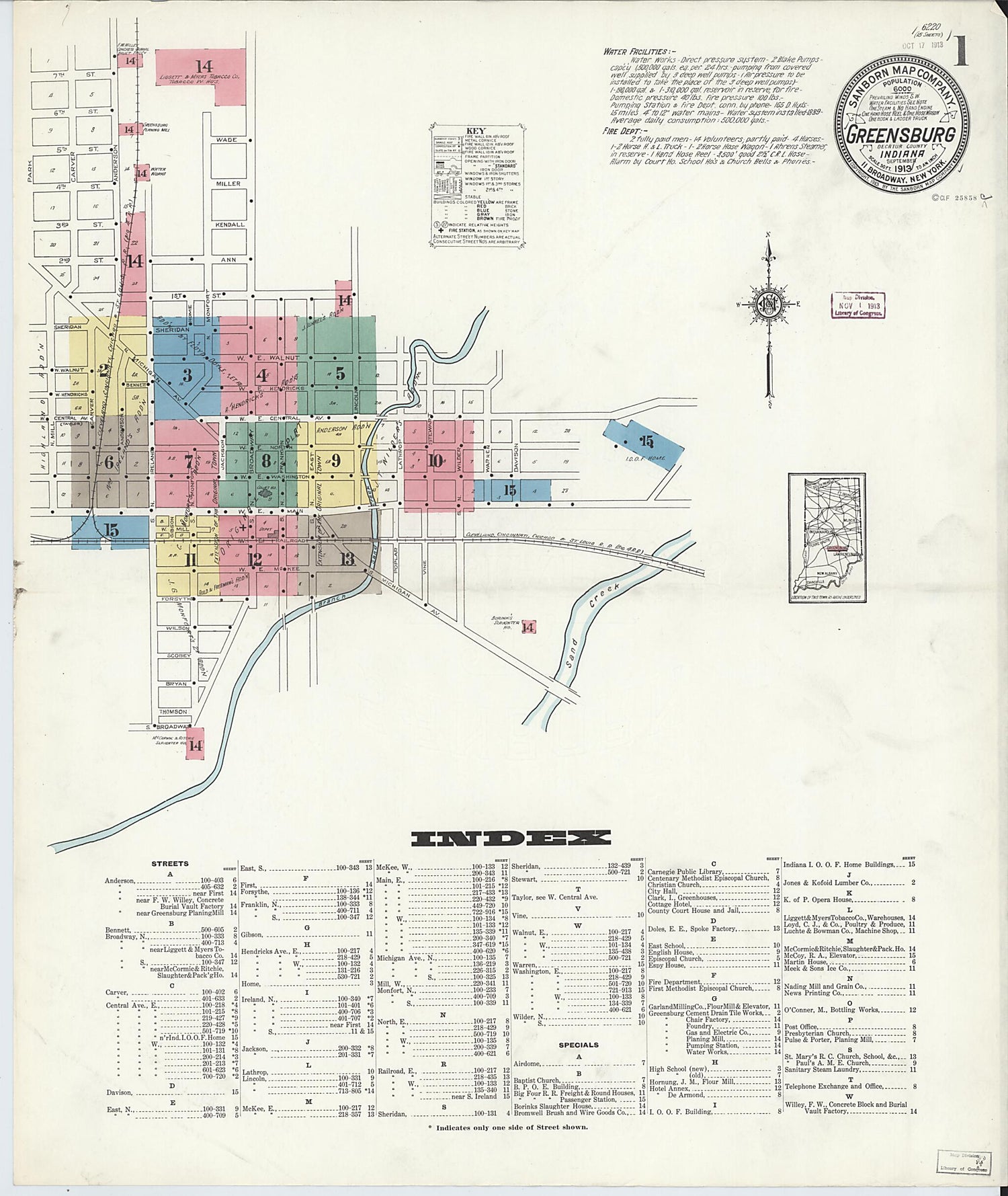 This old map of Greensburg, Decatur County, Indiana was created by Sanborn Map Company in 1913