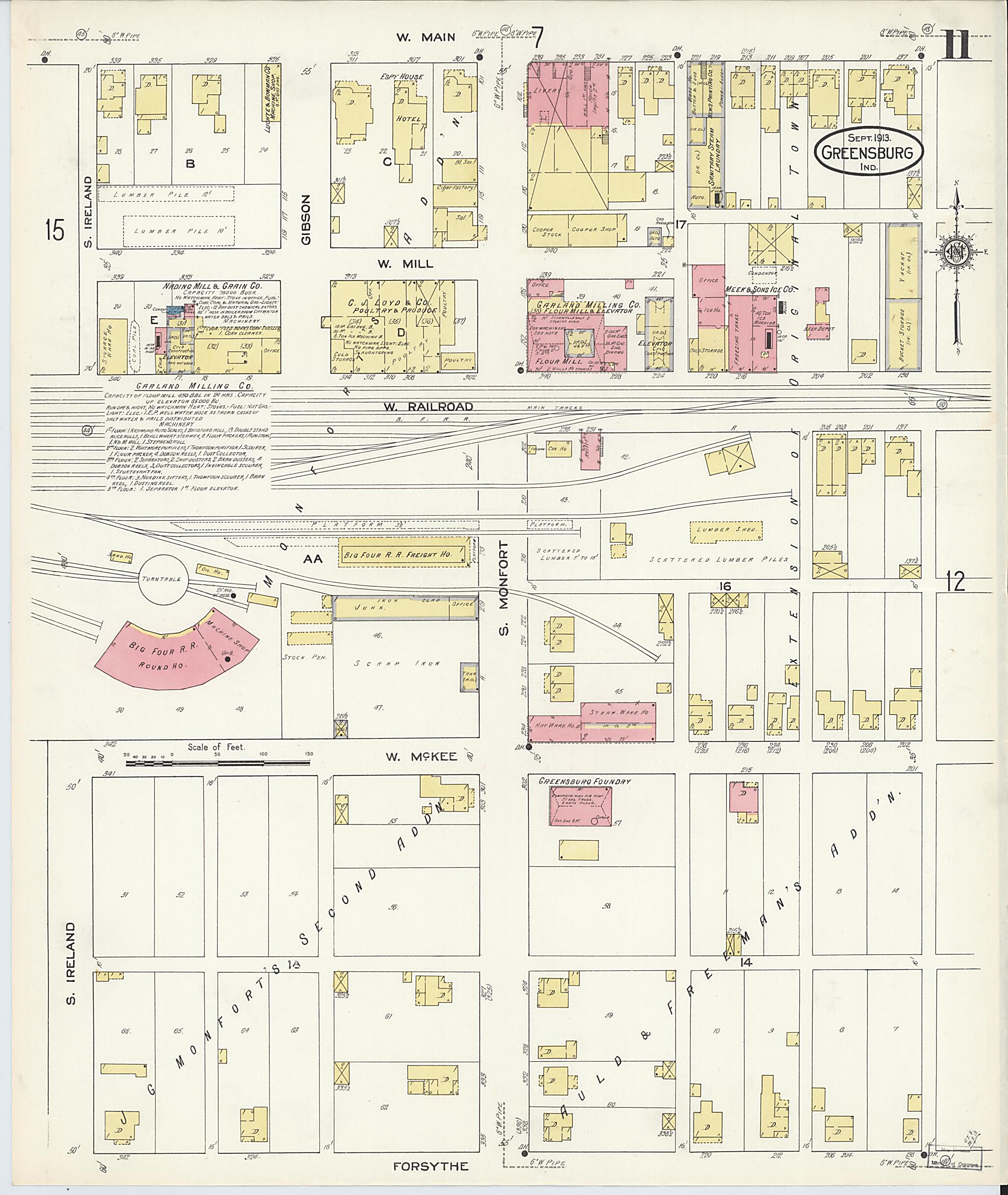 This old map of Greensburg, Decatur County, Indiana was created by Sanborn Map Company in 1913