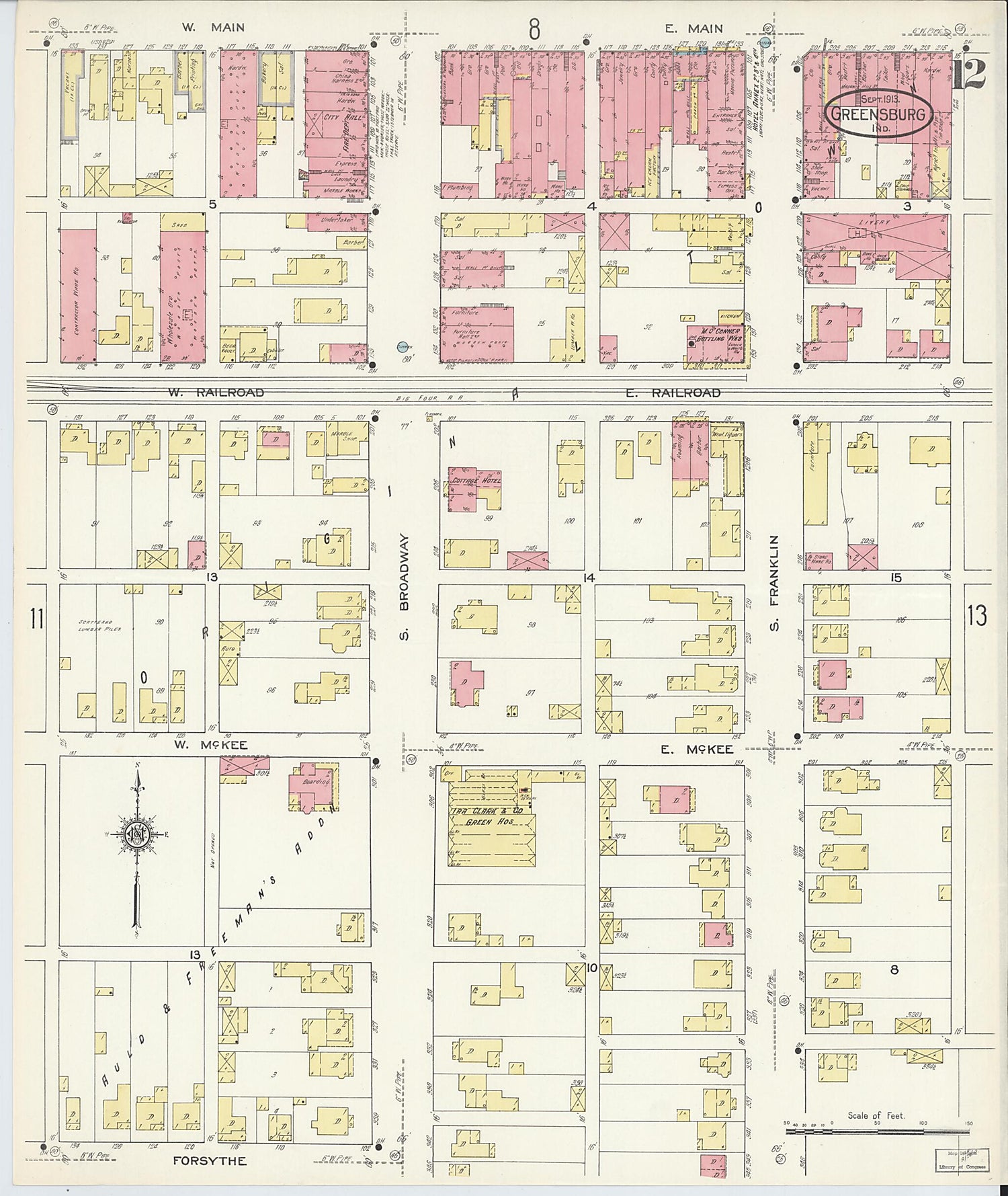 This old map of Greensburg, Decatur County, Indiana was created by Sanborn Map Company in 1913