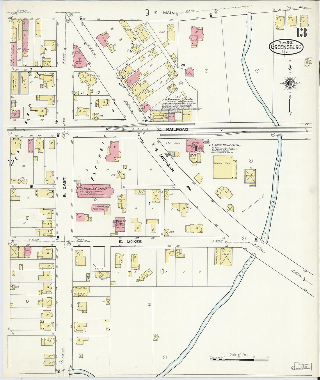 This old map of Greensburg, Decatur County, Indiana was created by Sanborn Map Company in 1913