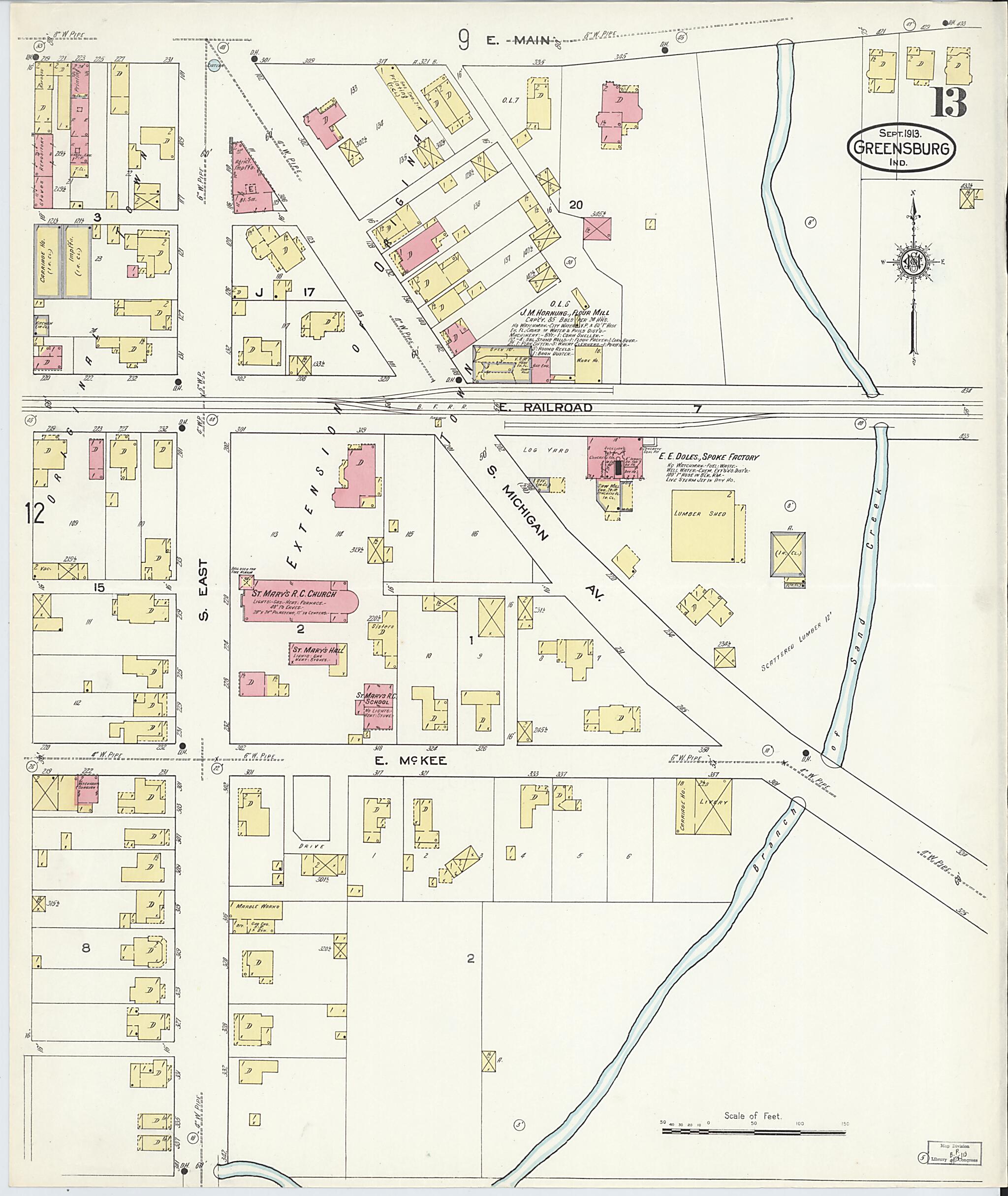 This old map of Greensburg, Decatur County, Indiana was created by Sanborn Map Company in 1913