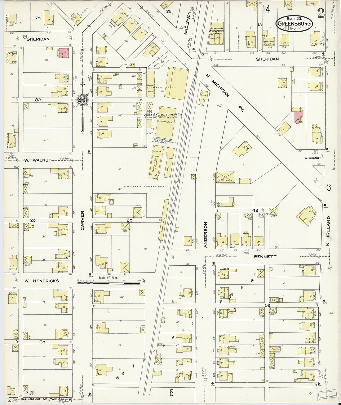 This old map of Greensburg, Decatur County, Indiana was created by Sanborn Map Company in 1913