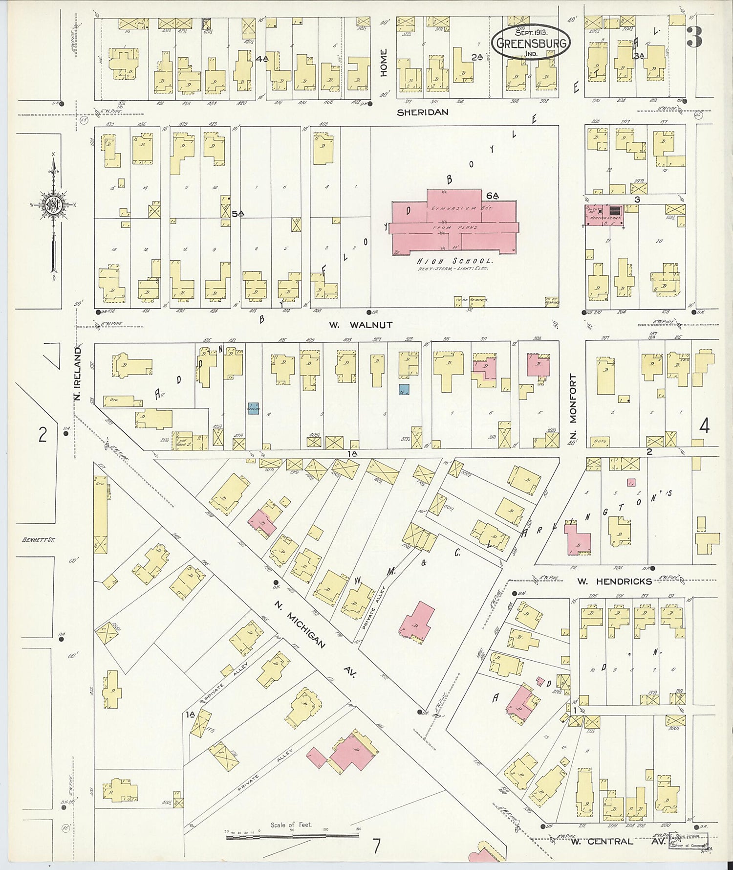 This old map of Greensburg, Decatur County, Indiana was created by Sanborn Map Company in 1913