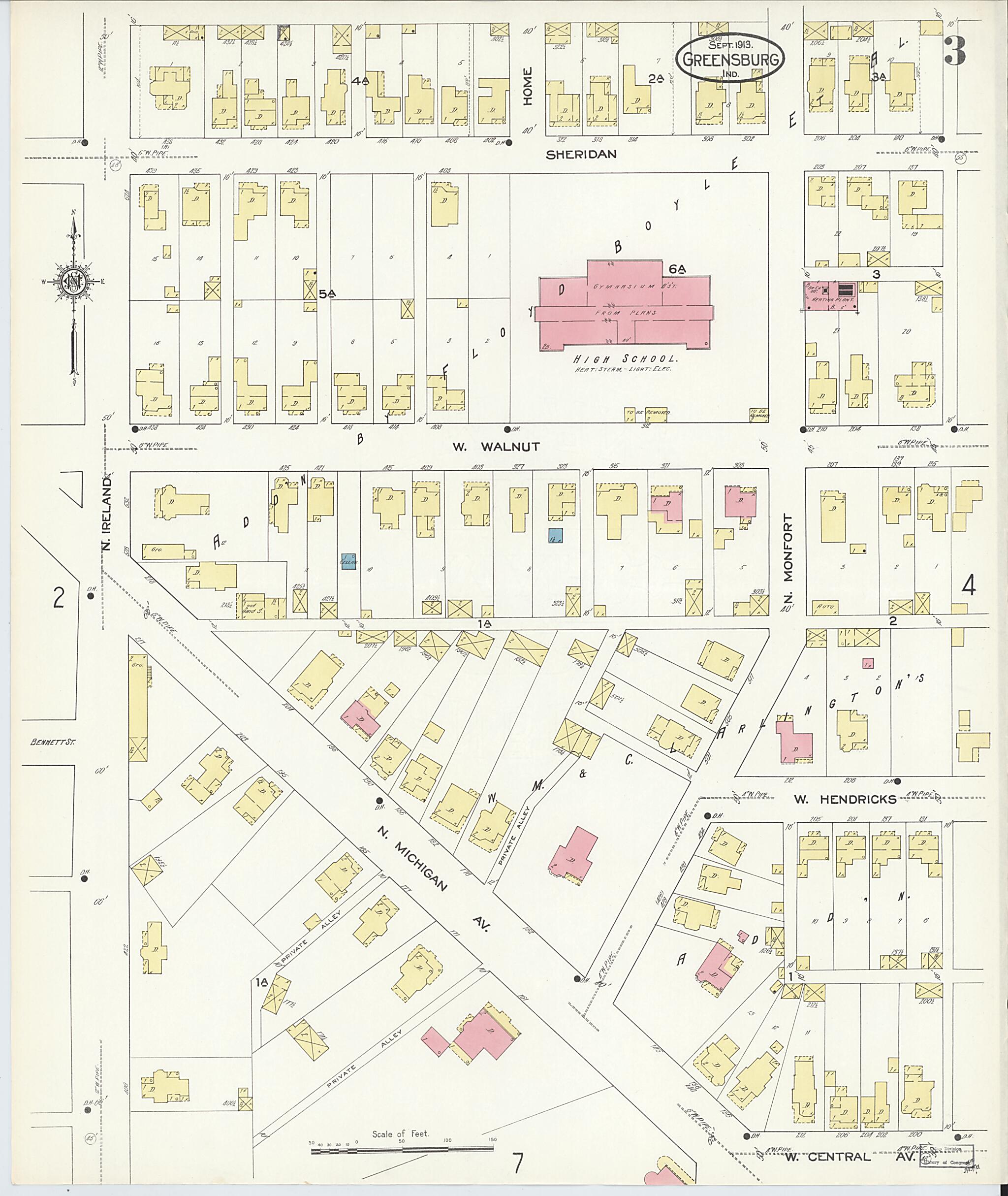 This old map of Greensburg, Decatur County, Indiana was created by Sanborn Map Company in 1913