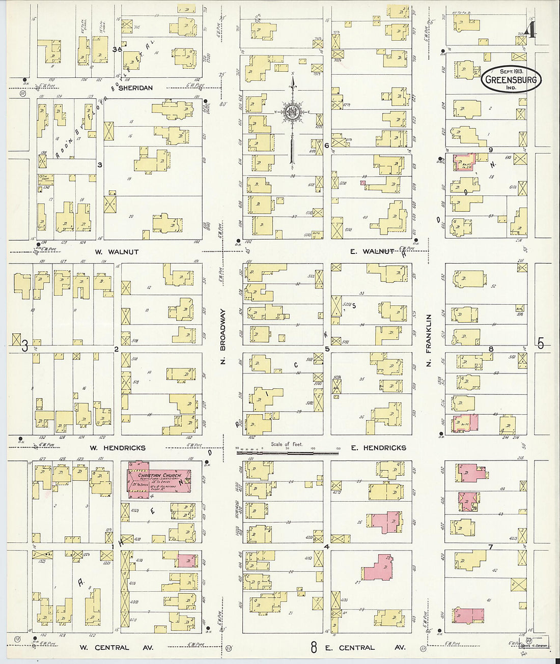 This old map of Greensburg, Decatur County, Indiana was created by Sanborn Map Company in 1913