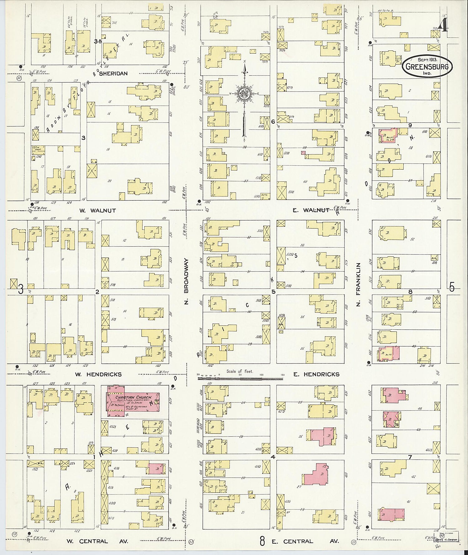 This old map of Greensburg, Decatur County, Indiana was created by Sanborn Map Company in 1913