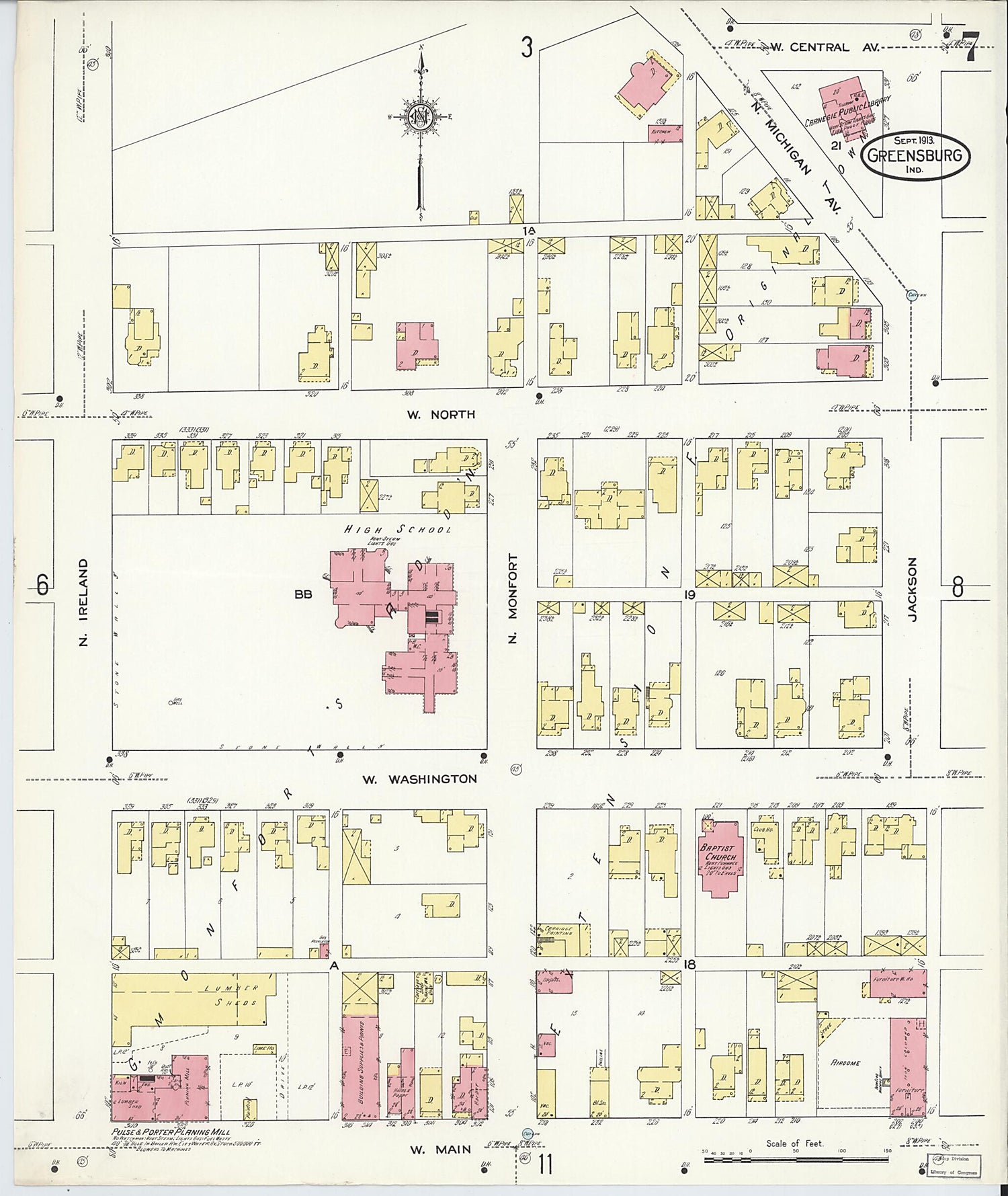 This old map of Greensburg, Decatur County, Indiana was created by Sanborn Map Company in 1913