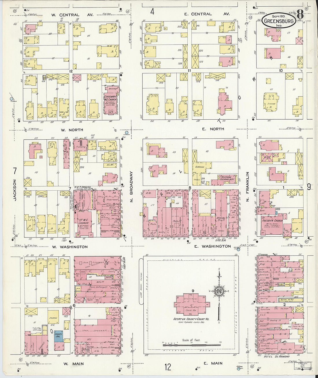 This old map of Greensburg, Decatur County, Indiana was created by Sanborn Map Company in 1913