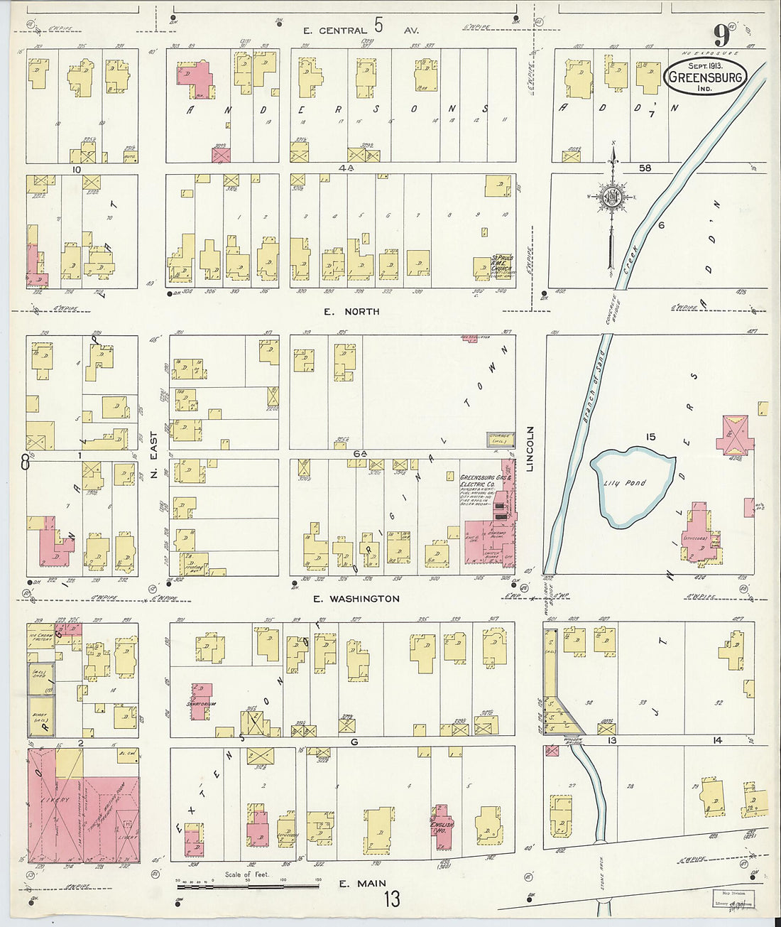 This old map of Greensburg, Decatur County, Indiana was created by Sanborn Map Company in 1913