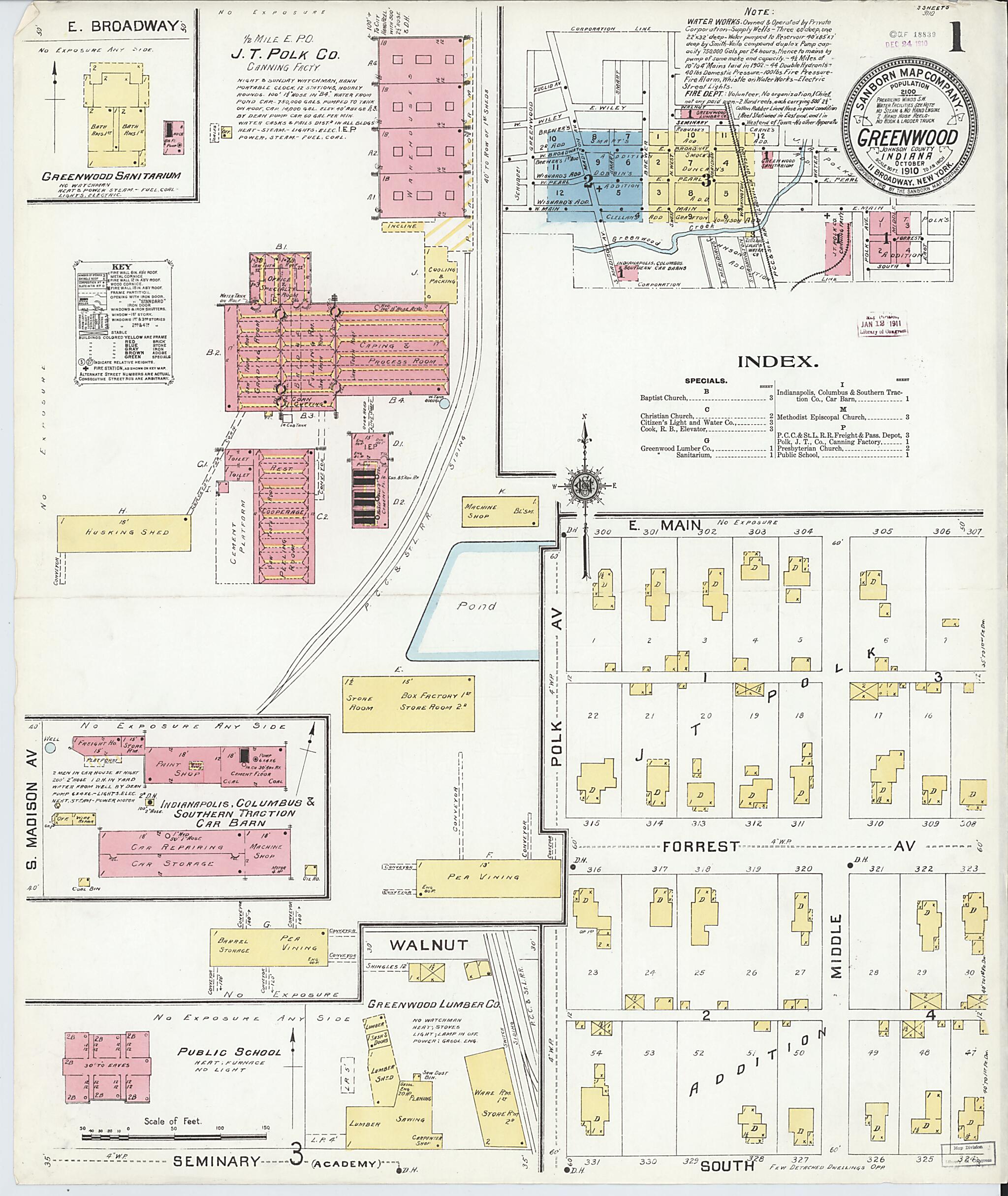 This old map of Greenwood, Johnson County, Indiana was created by Sanborn Map Company in 1910