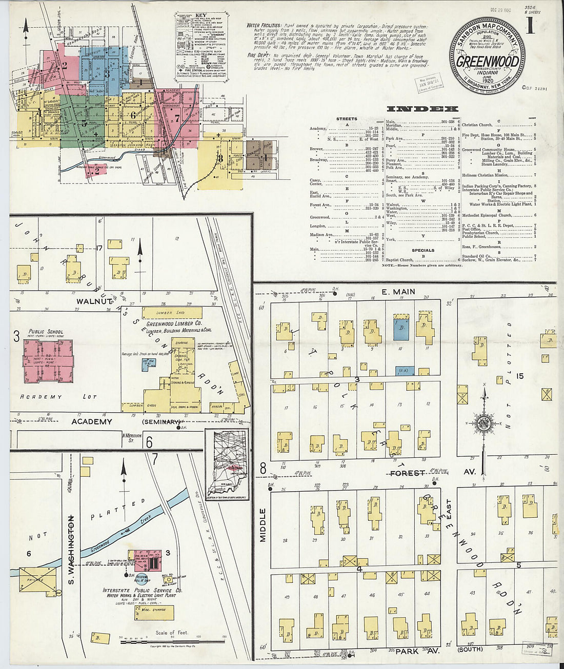 This old map of Greenwood, Johnson County, Indiana was created by Sanborn Map Company in 1920