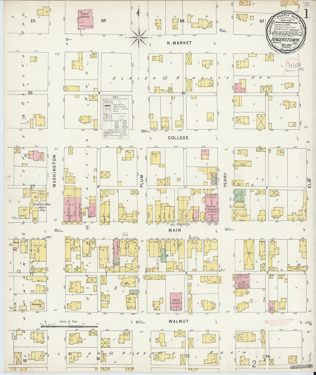 This old map of Hagerstown, Wayne County, Indiana was created by Sanborn Map Company in 1896