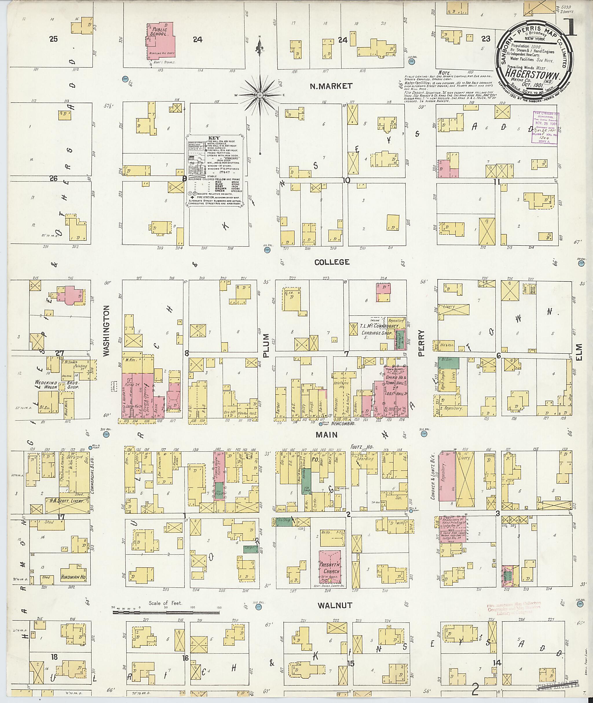 This old map of Hagerstown, Wayne County, Indiana was created by Sanborn Map Company in 1901