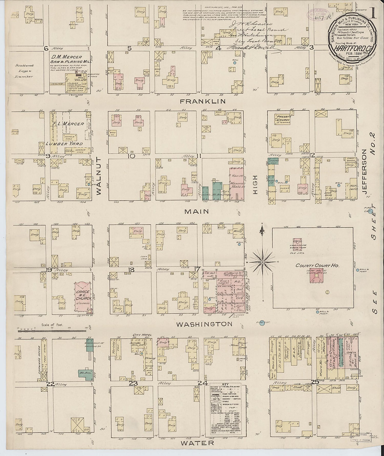 This old map of Hartford City, Blackford County, Indiana was created by Sanborn Map Company in 1886